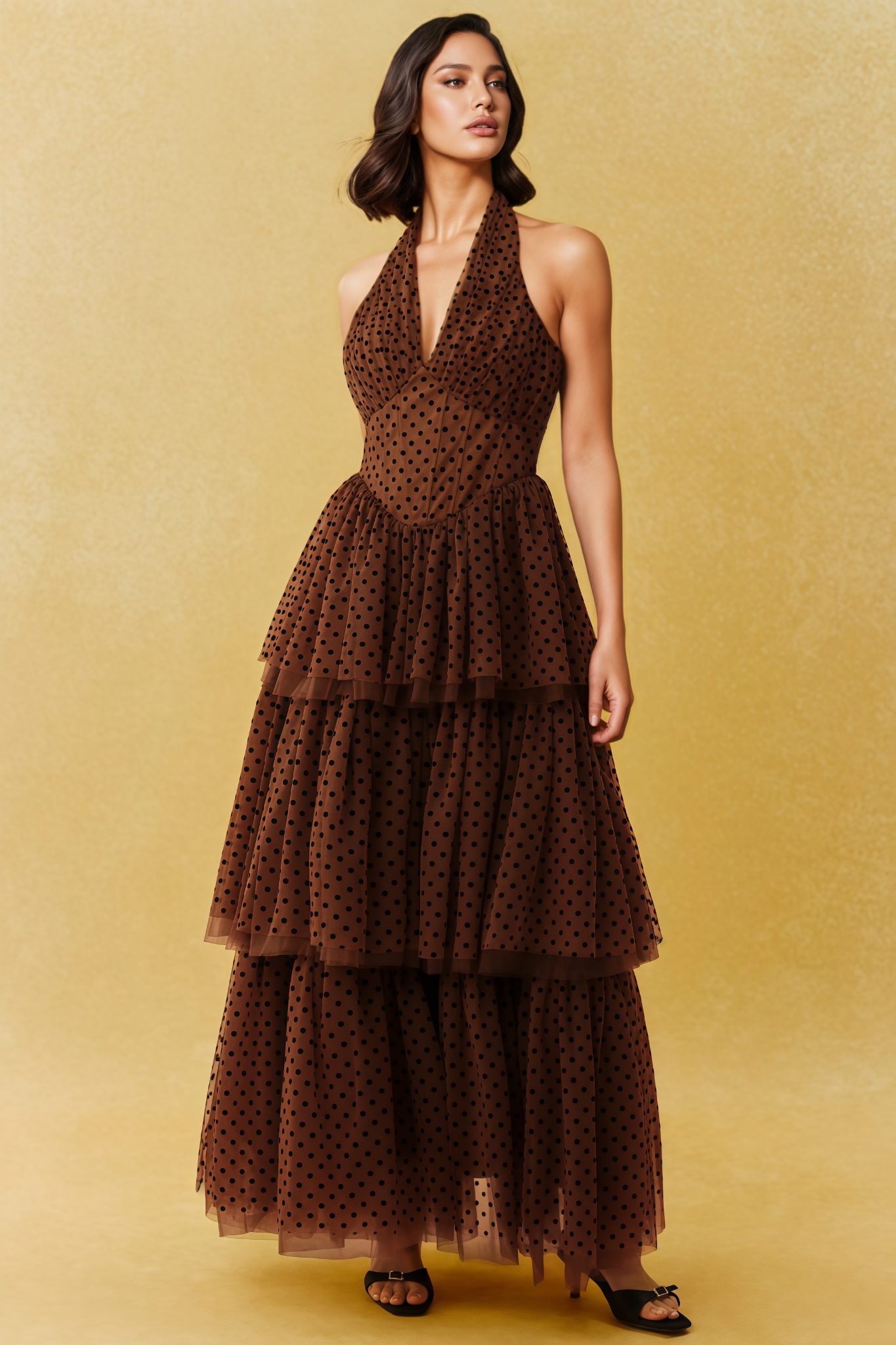 Bartrem Brown Halter Neck Tulle Maxi Dress