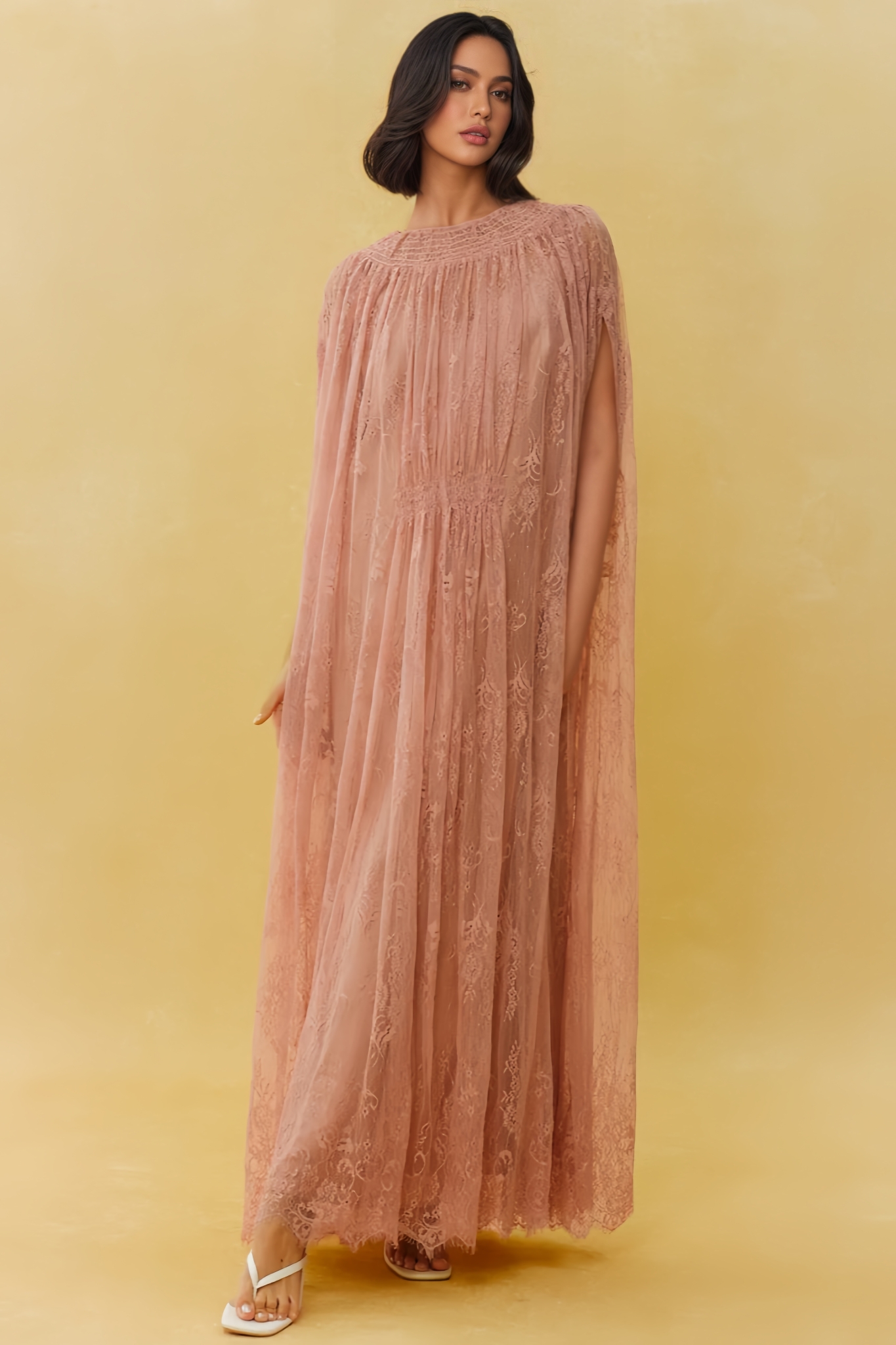 Pabian Pink Lace Cape Sleeve Maxi Dress
