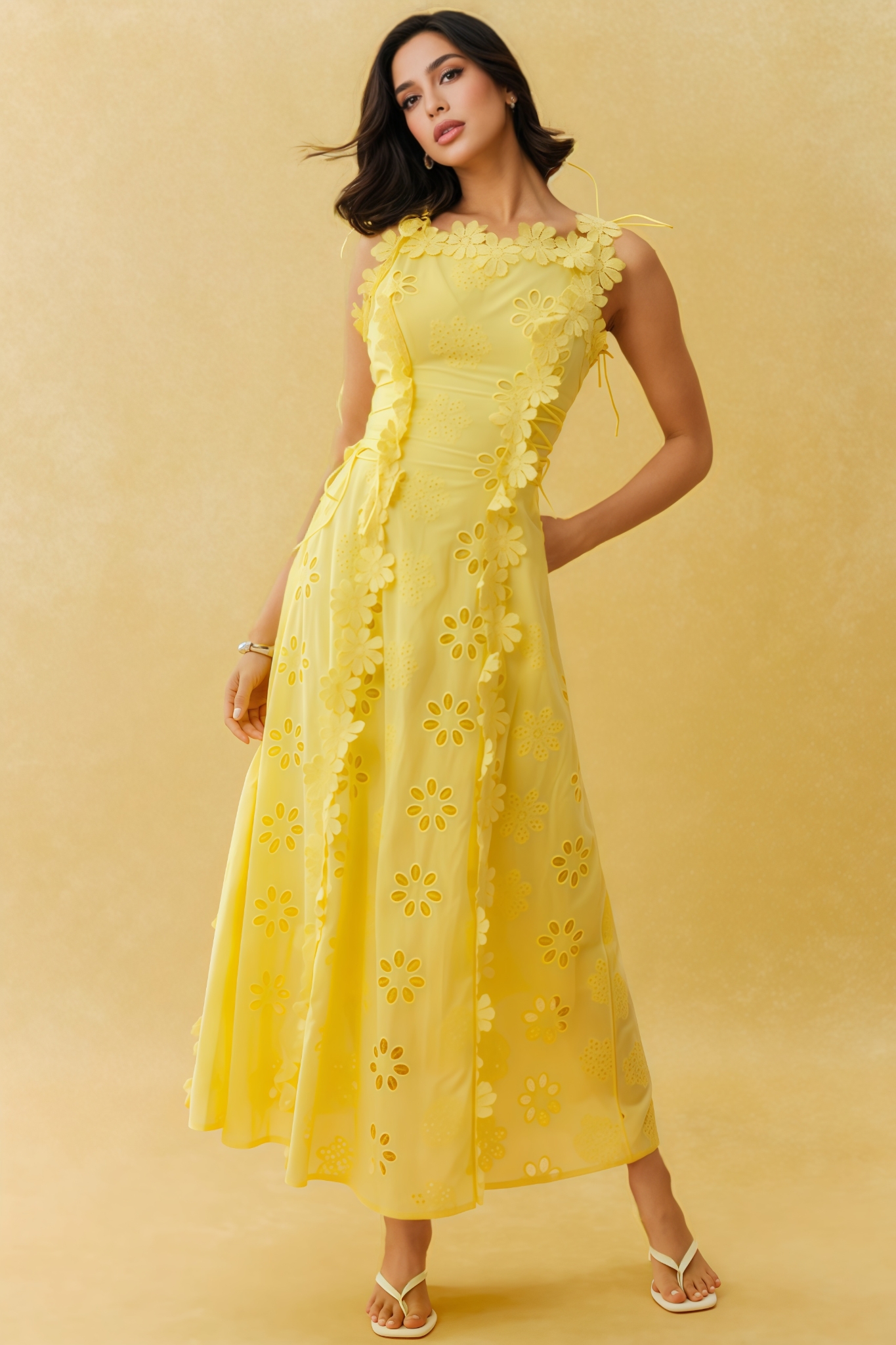 Celypso Yellow 3D Floral Embroidery Maxi Dress