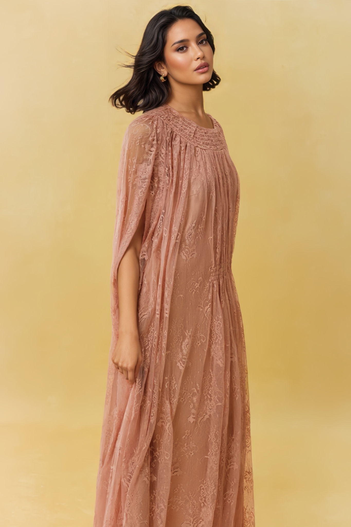 Pabian Pink Lace Cape Sleeve Maxi Dress