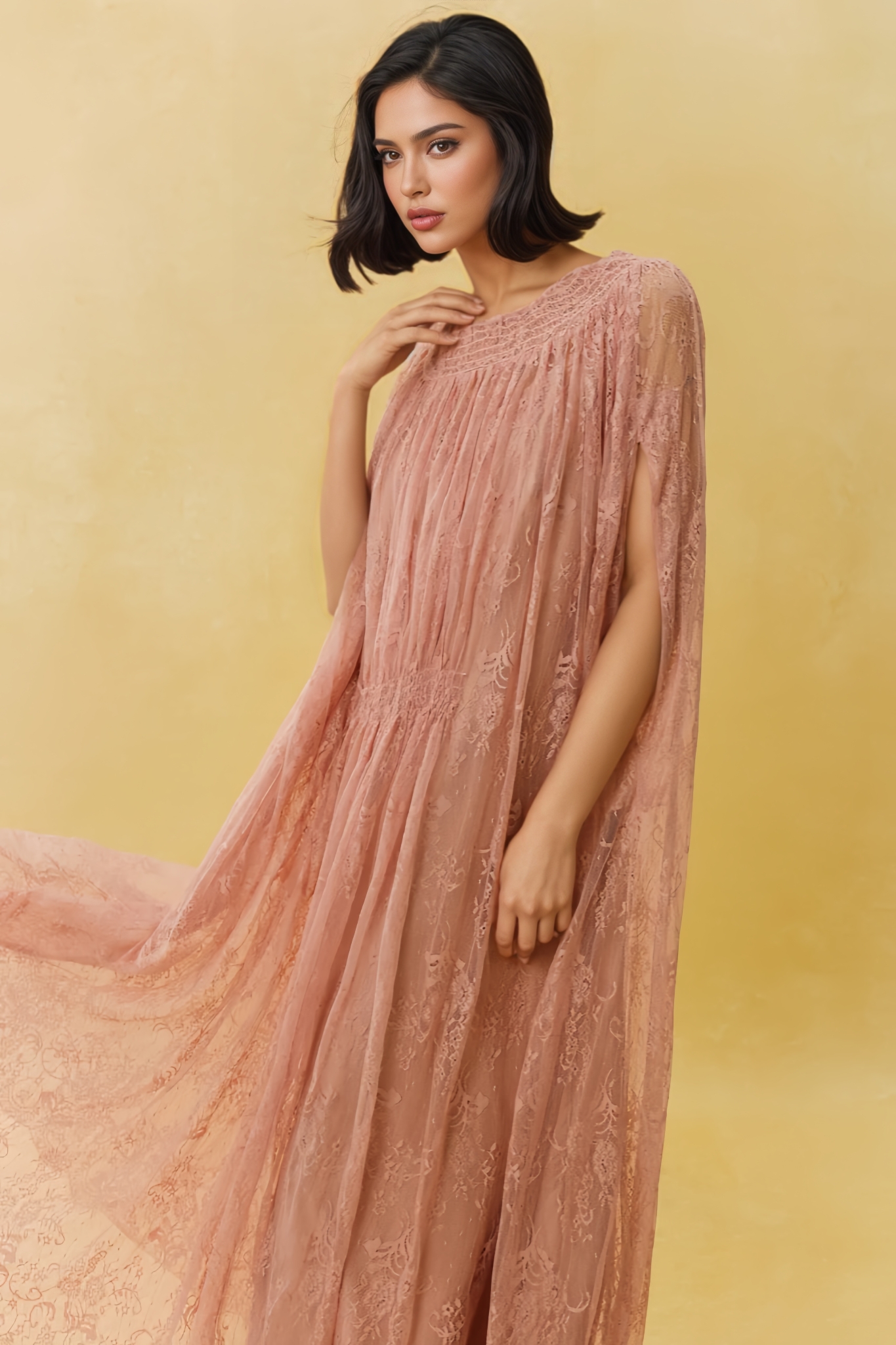 Pabian Pink Lace Cape Sleeve Maxi Dress