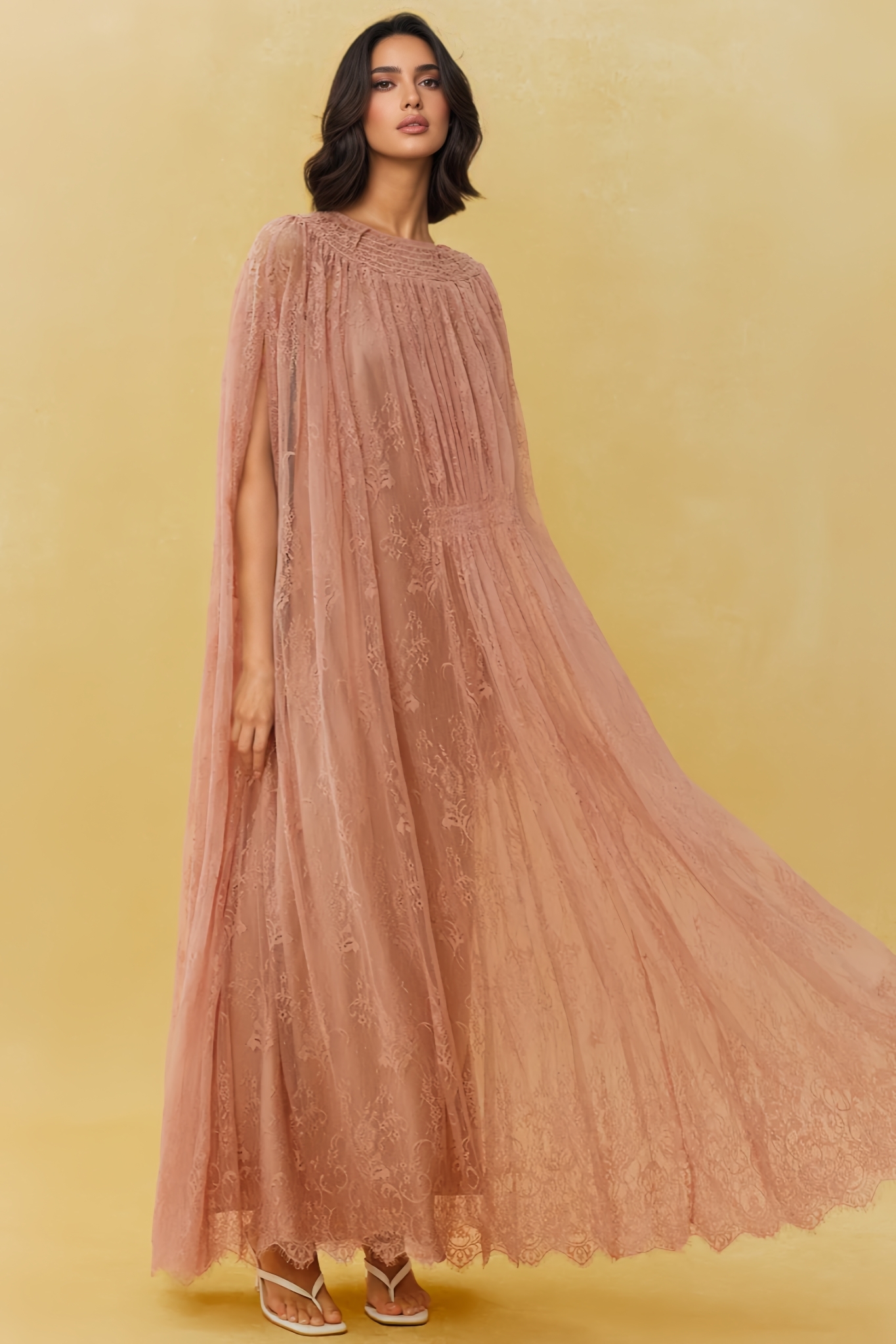 Pabian Pink Lace Cape Sleeve Maxi Dress
