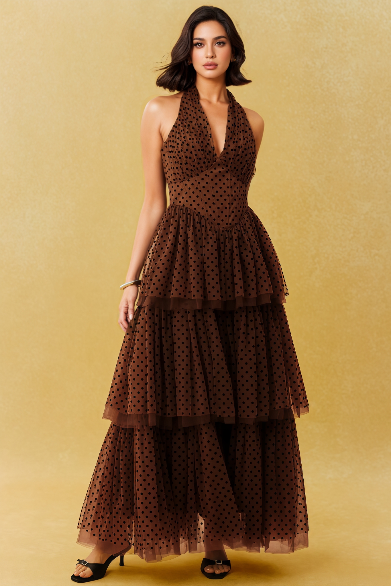 Bartrem Brown Halter Neck Tulle Maxi Dress