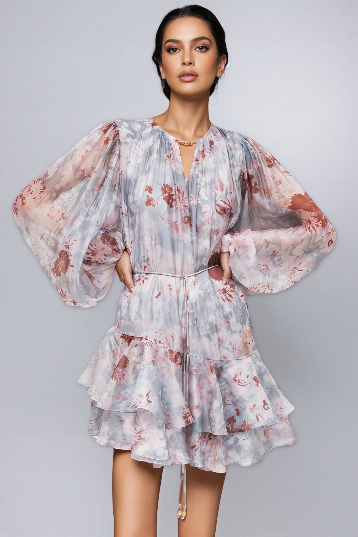 Huitan Long Sleeve Floral Mini Dress