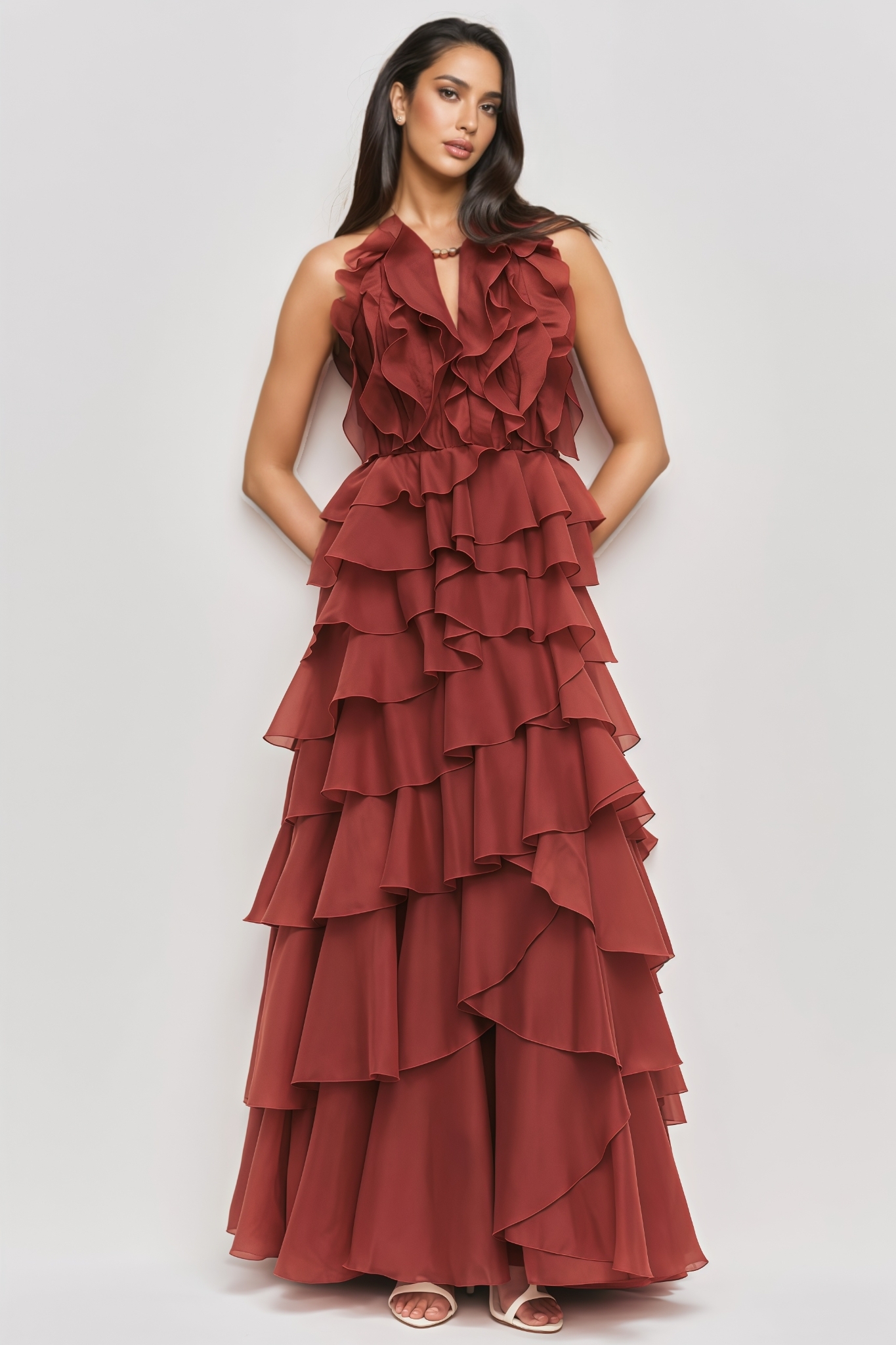 Ularnt Red Sleeveless Ruffle Maxi Dress