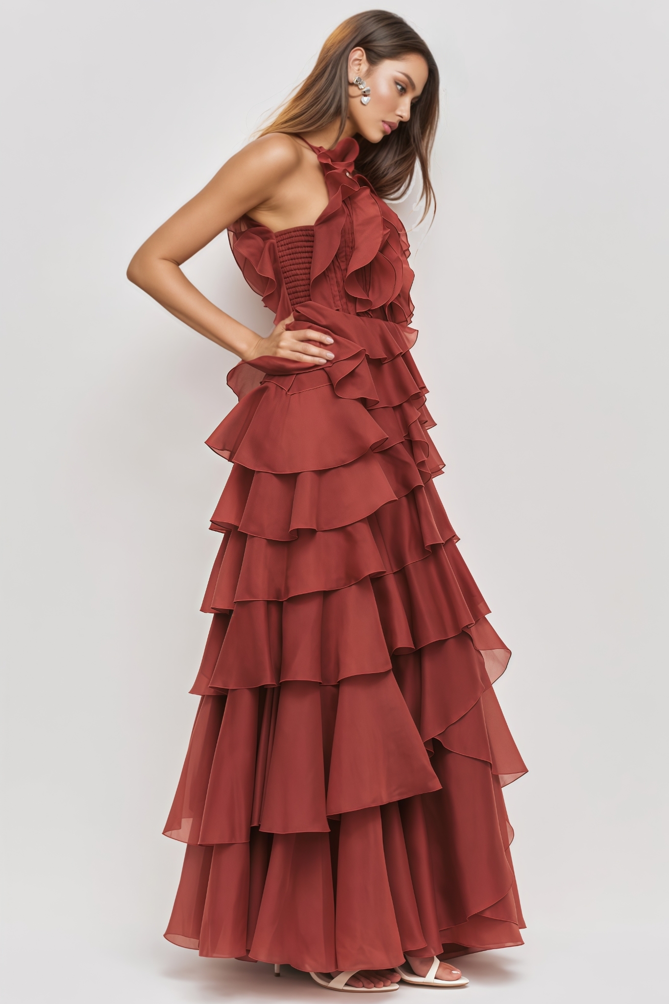 Ularnt Red Sleeveless Ruffle Maxi Dress