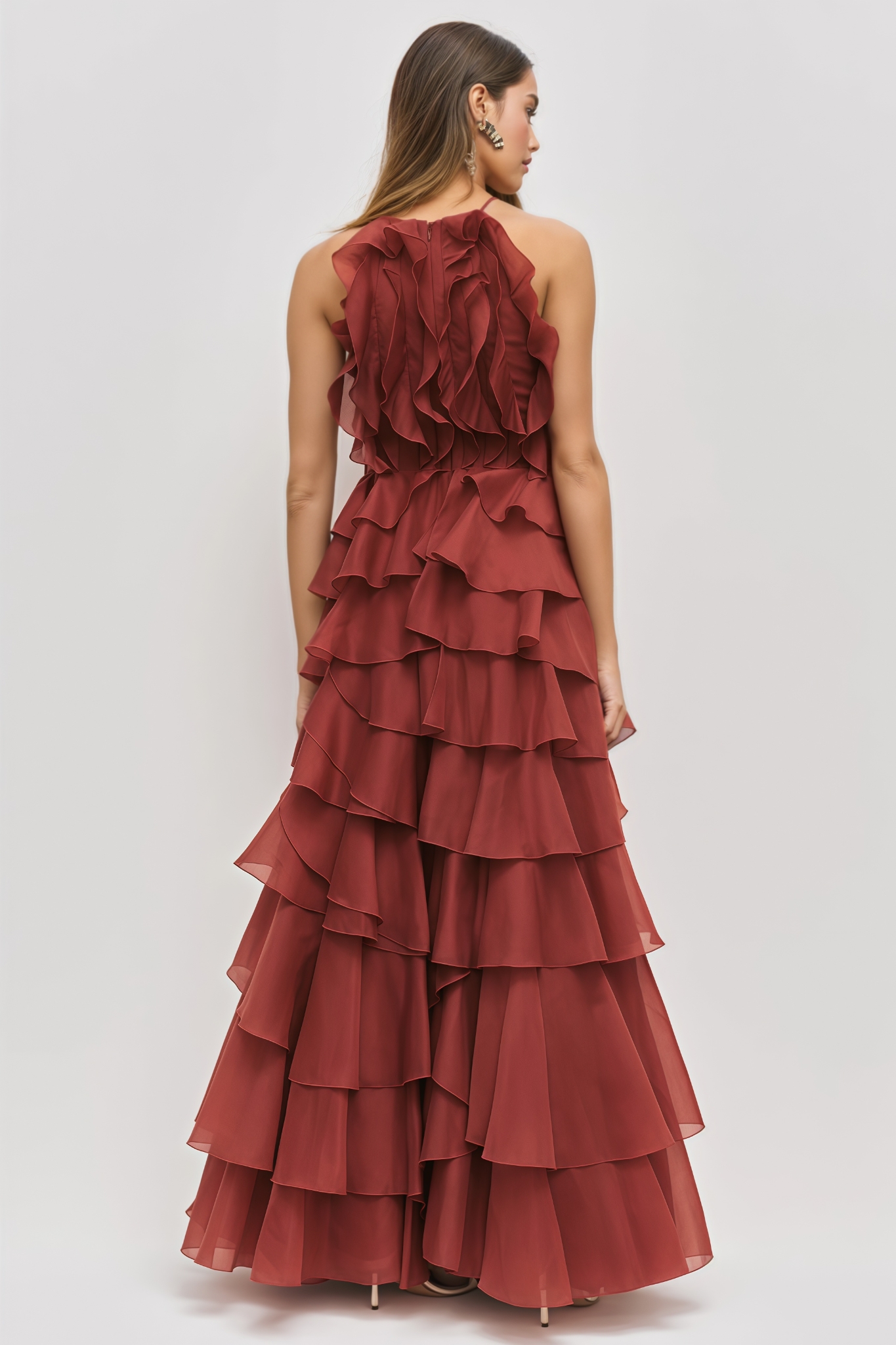 Ularnt Red Sleeveless Ruffle Maxi Dress