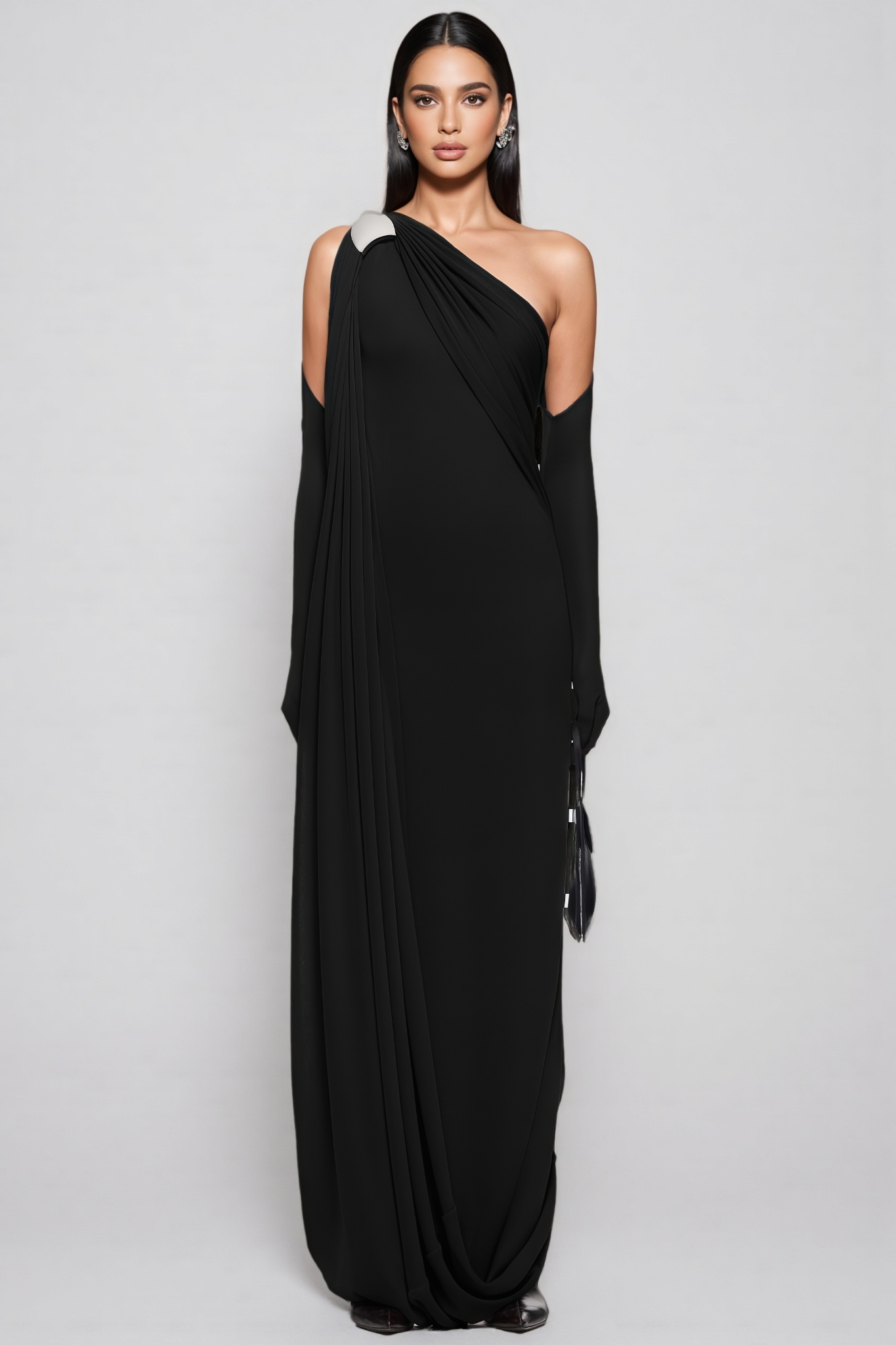 Hanlat Black One Shoulder Draped Maxi Dress