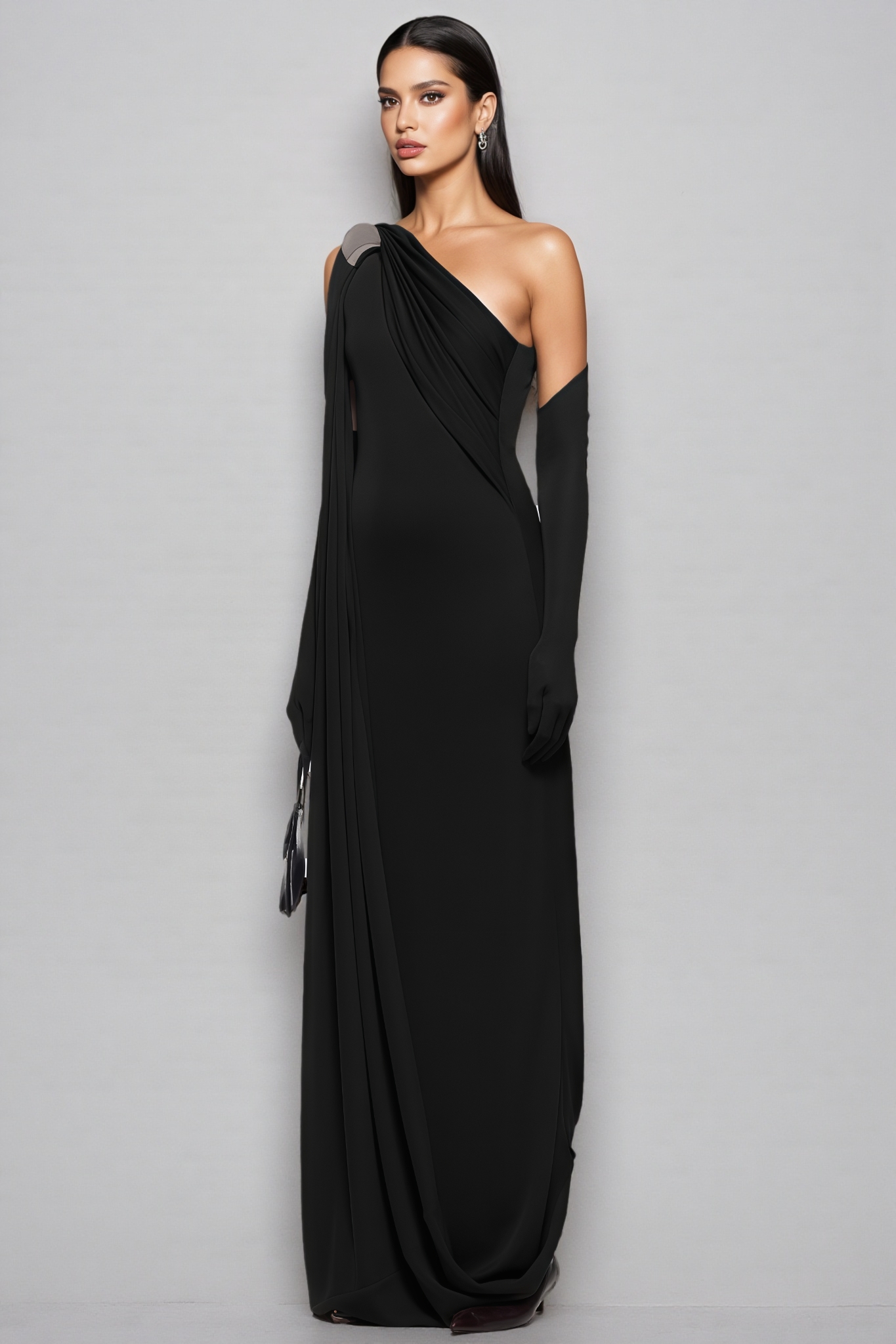 Hanlat Black One Shoulder Draped Maxi Dress