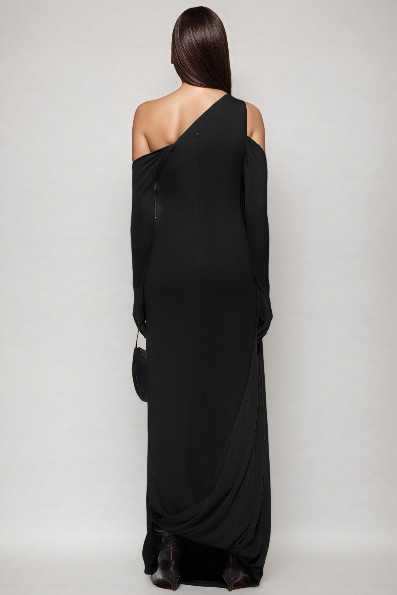 Hanlat Black One Shoulder Draped Maxi Dress