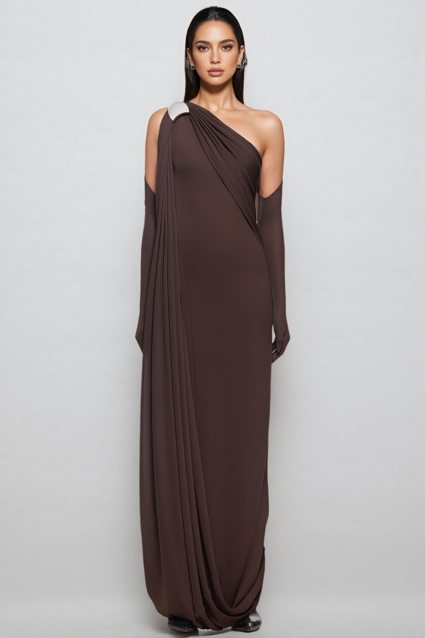 Urnity Brown One Shoulder Draped Maxi Dress