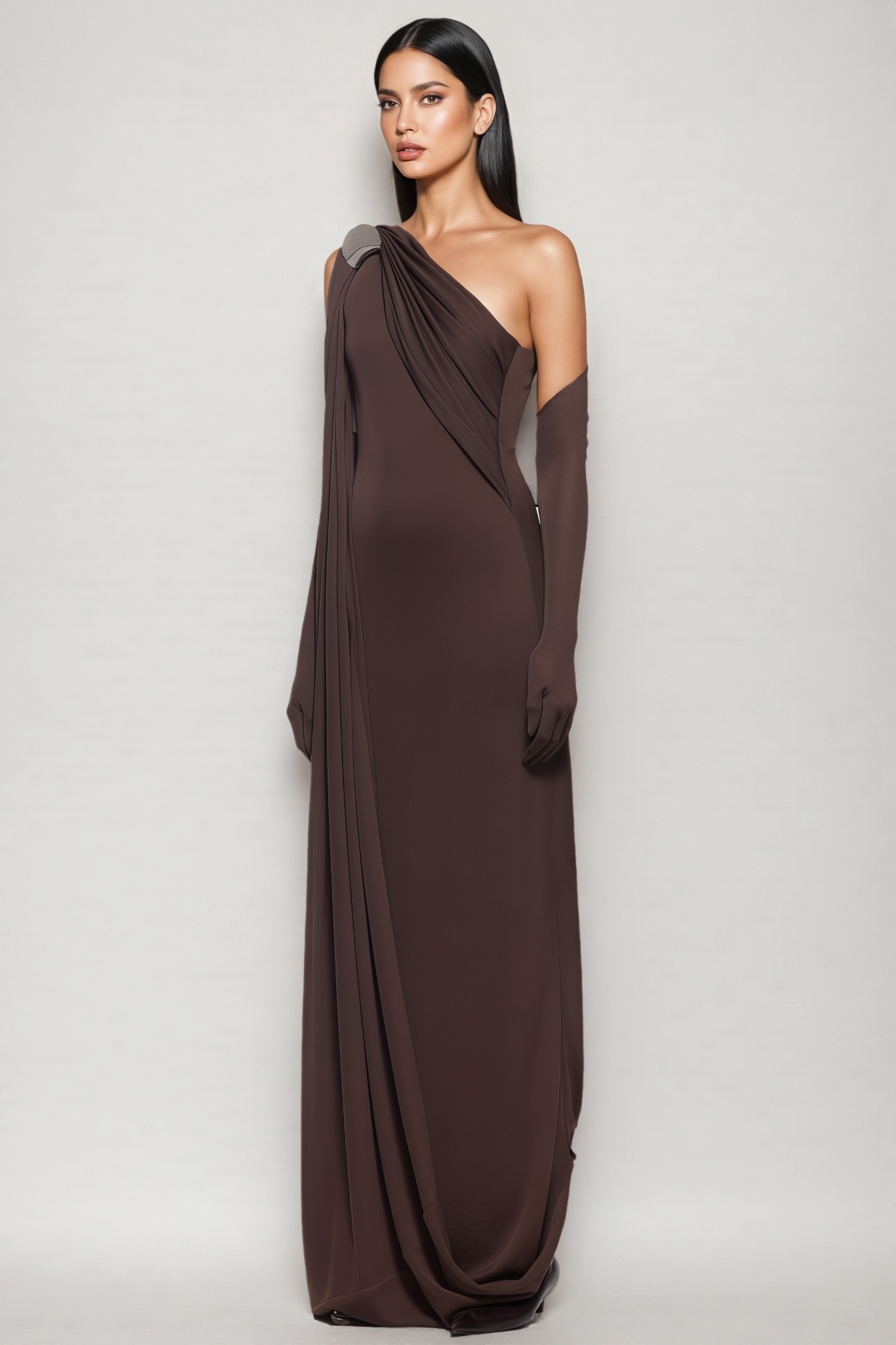 Urnity Brown One Shoulder Draped Maxi Dress