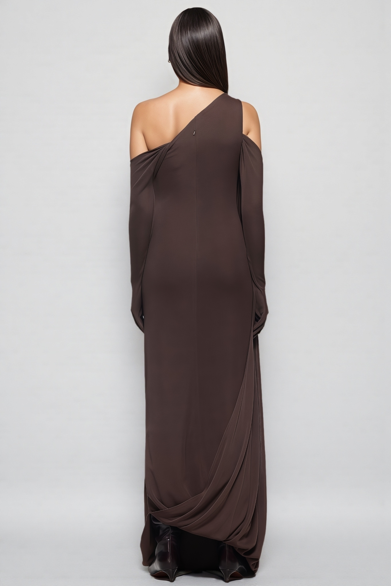 Urnity Brown One Shoulder Draped Maxi Dress