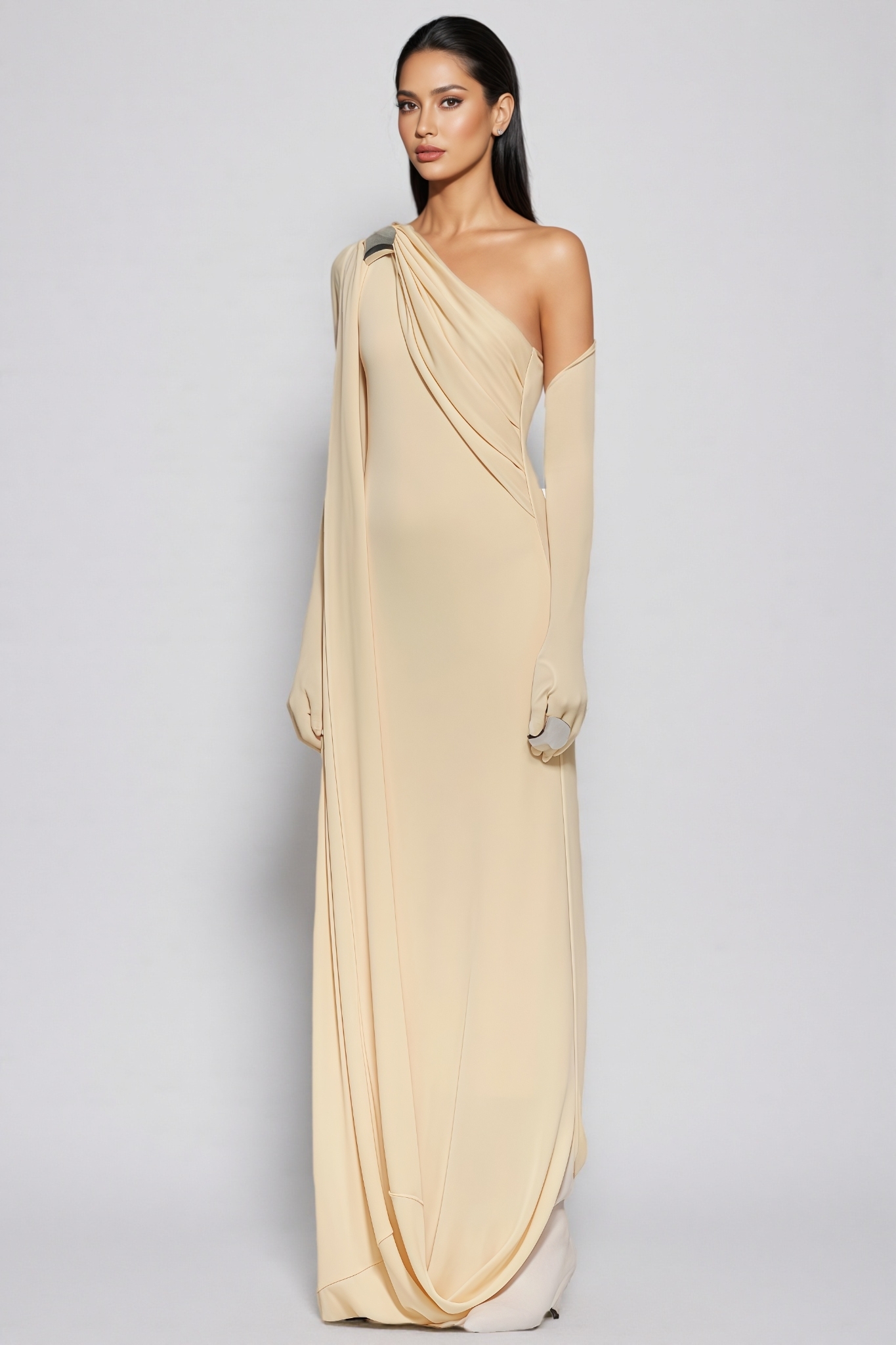 Wransa Yellow One Shoulder Draped Maxi Dress