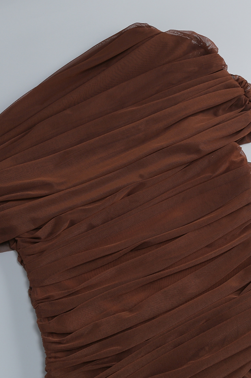 Aedous Brown Slanted Shoulder Mesh Maxi Dress