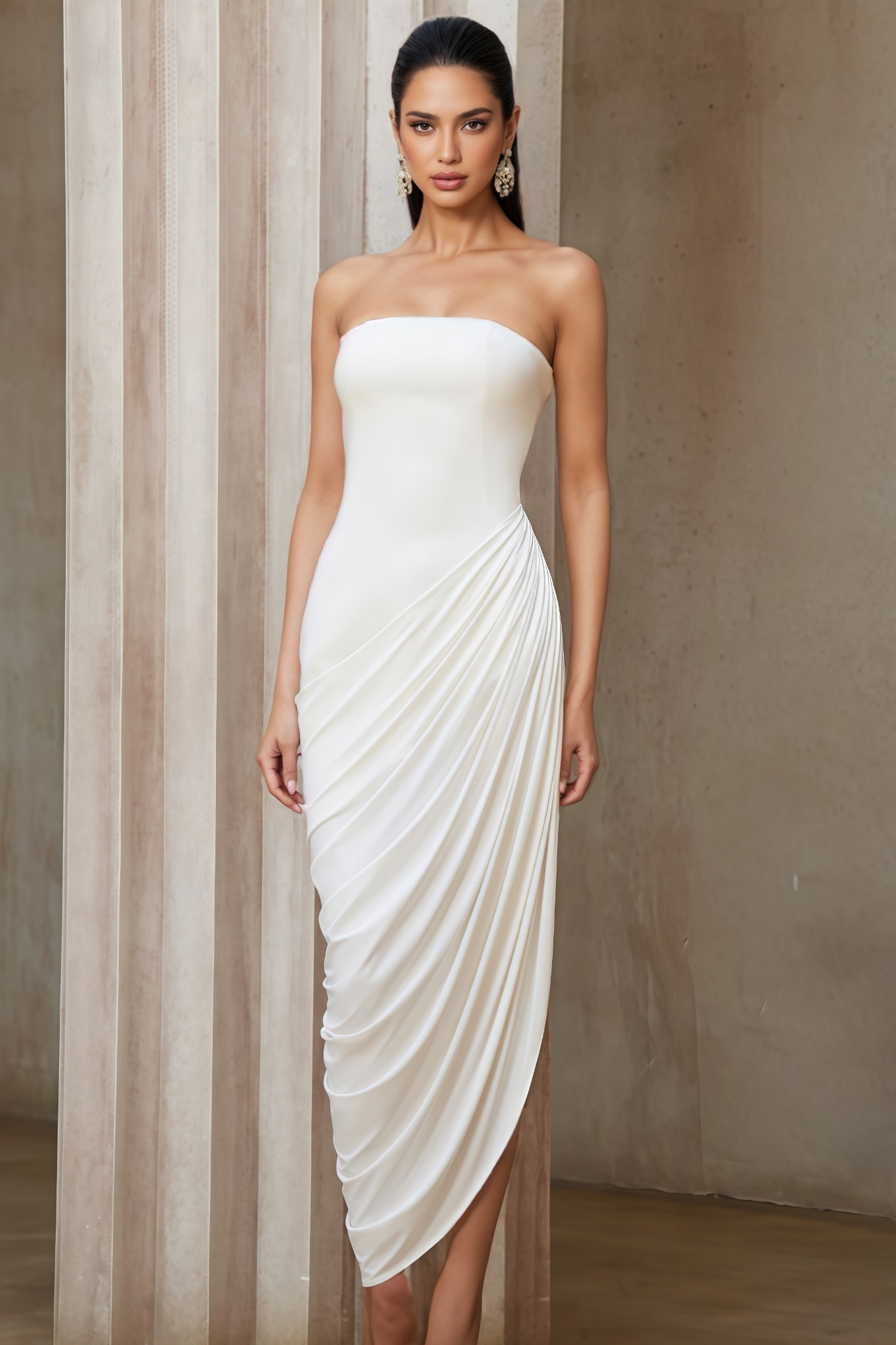 Orenant White Asymmetrical Ruched Midi Dress