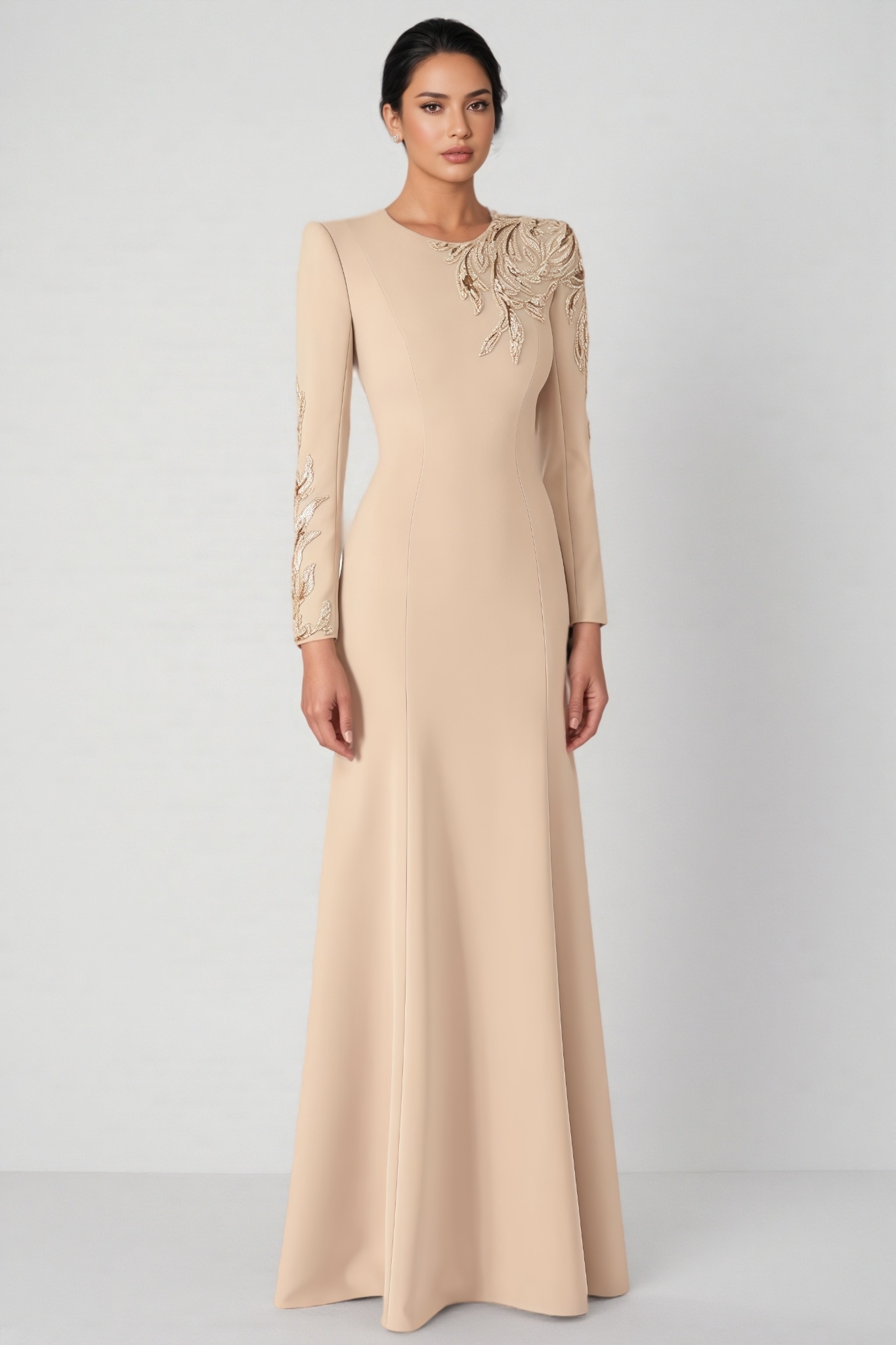 Zelda Beige Beaded Rhinestone Embellished Maxi Dress
