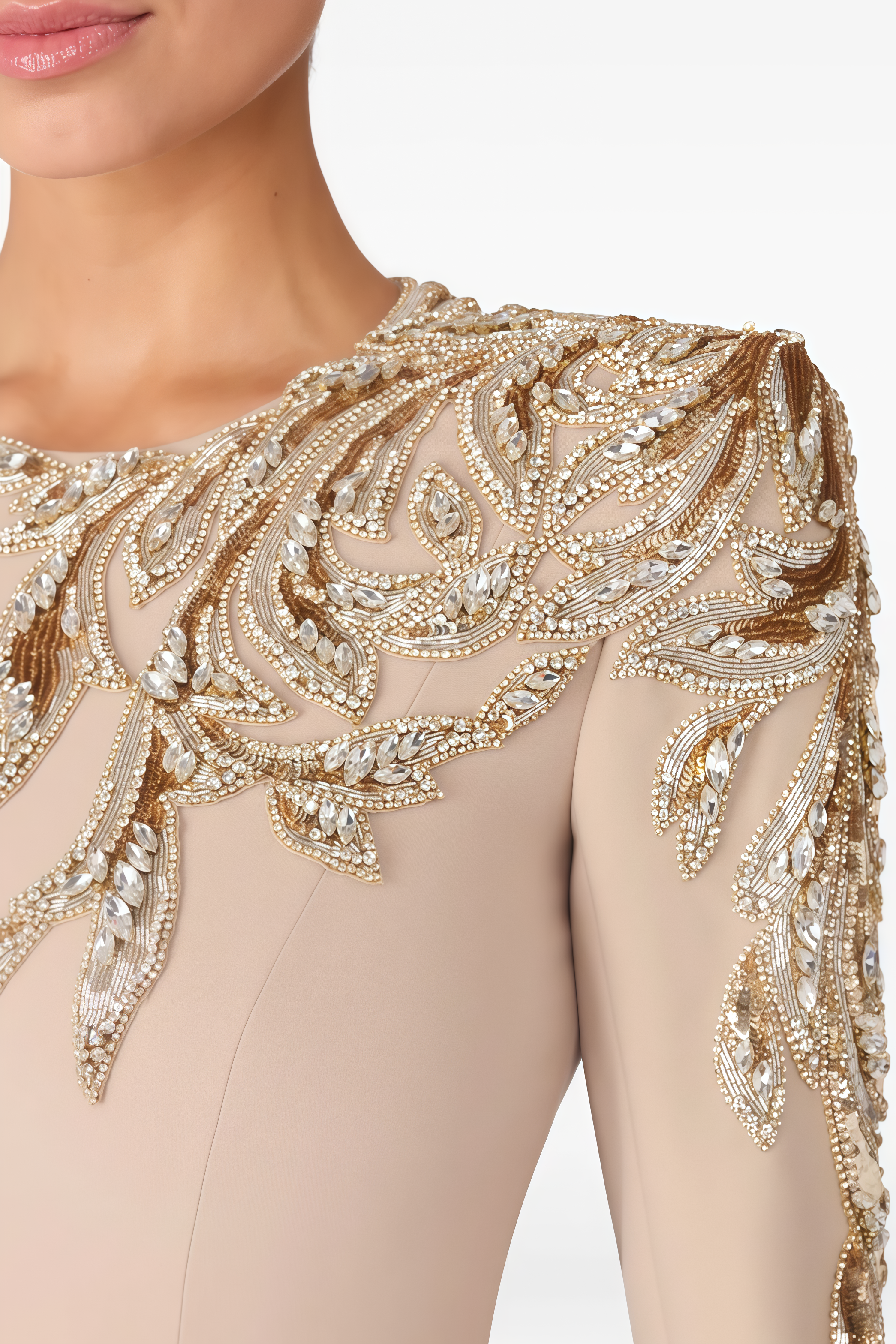 Zelda Beige Beaded Rhinestone Embellished Maxi Dress