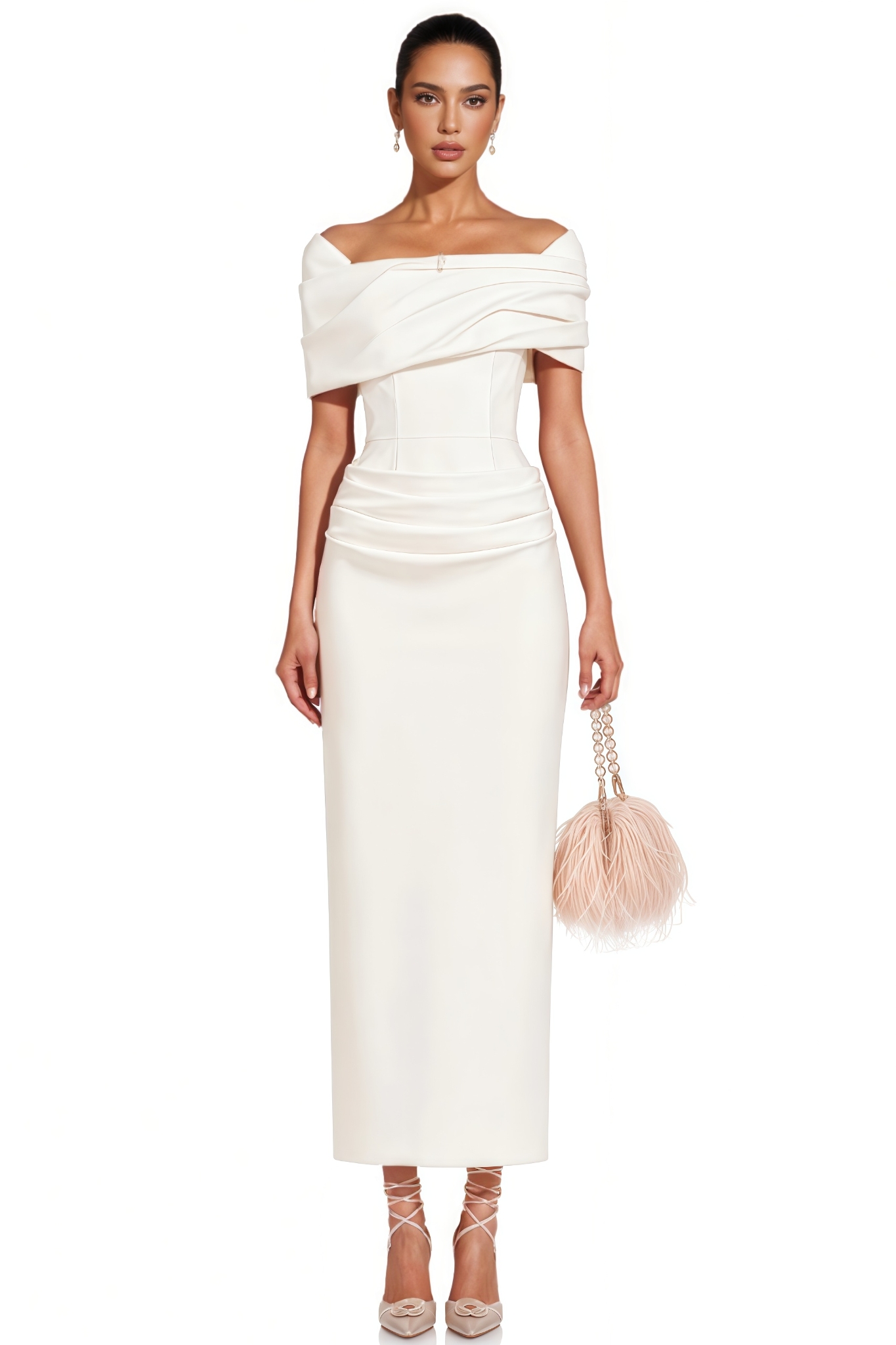 Vorex White Off The Shoulder Draped Maxi Dress