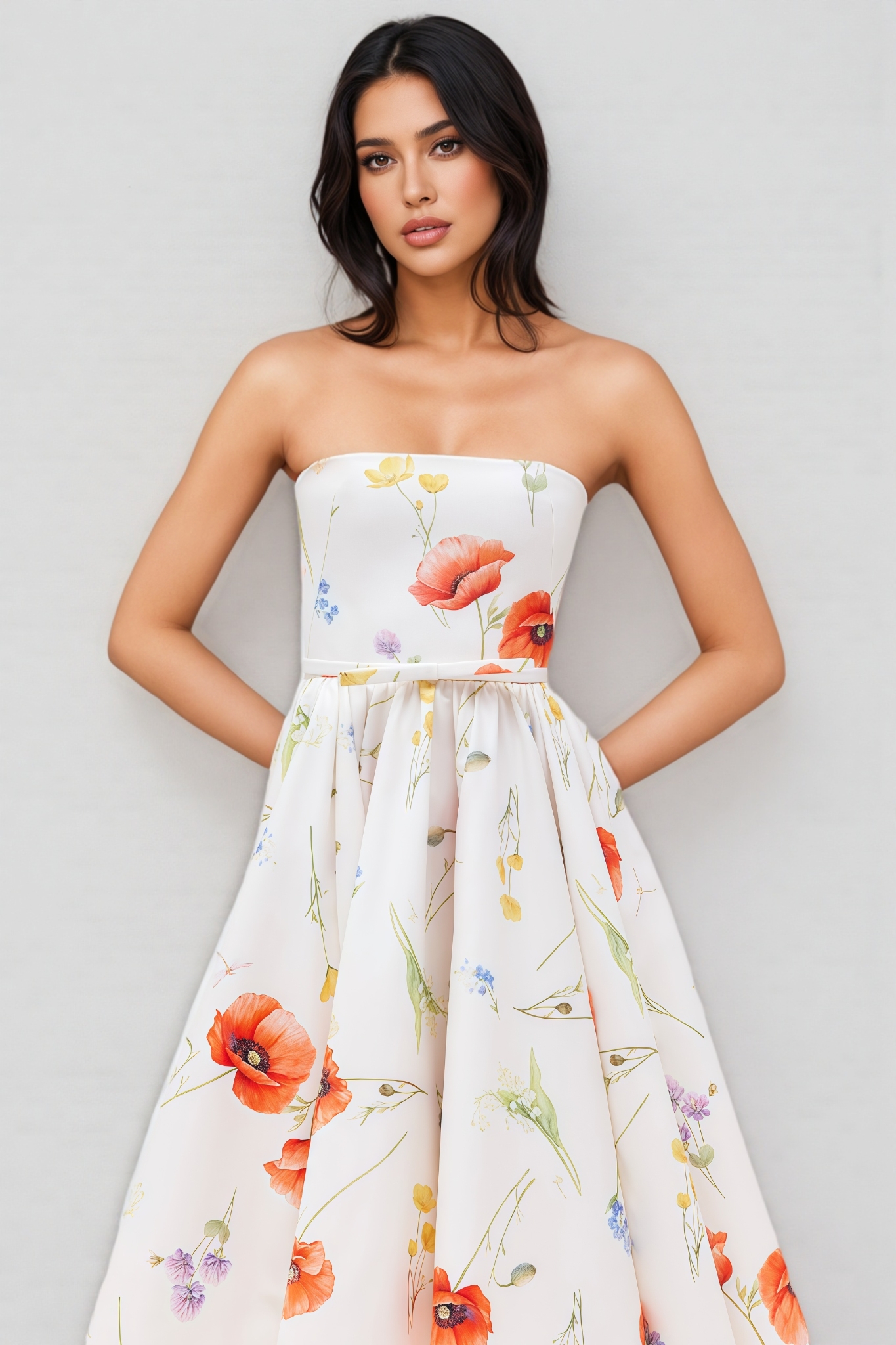 Yloane Strapless Floral Midi Dress