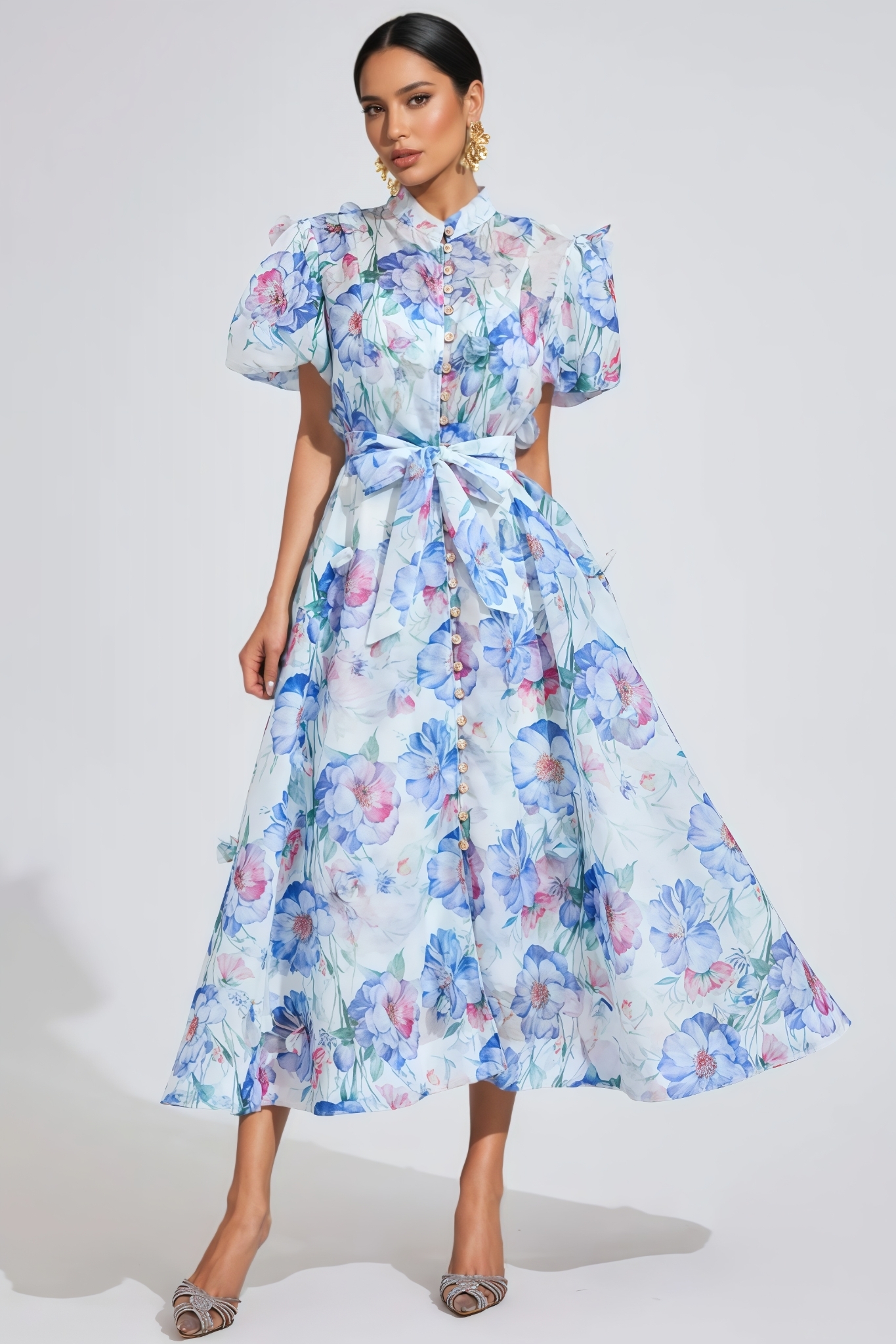 Baian Blue Short Sleeve Floral Midi Dress