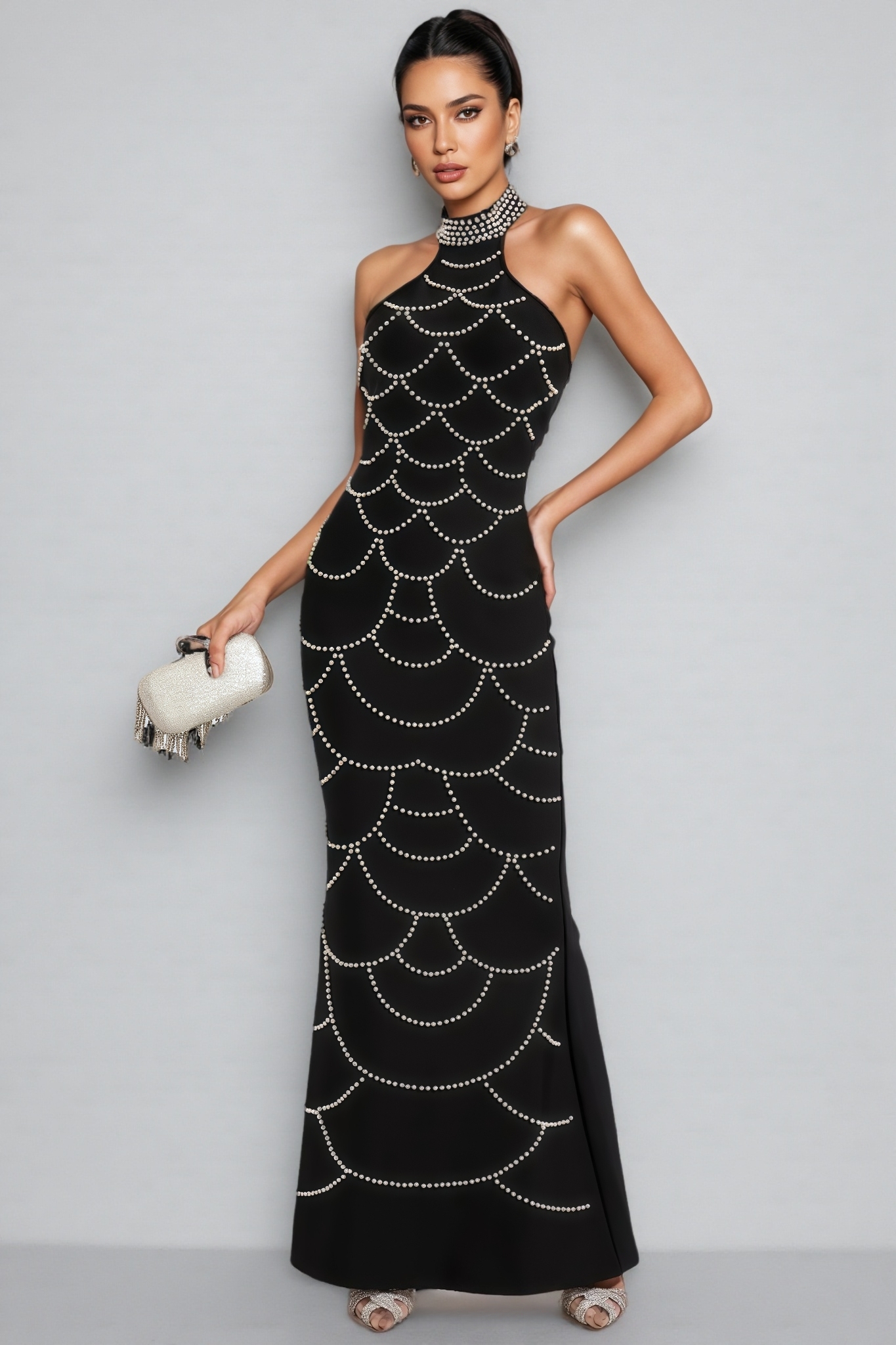 Adley Black Pearl Halter Bandage Maxi Dress