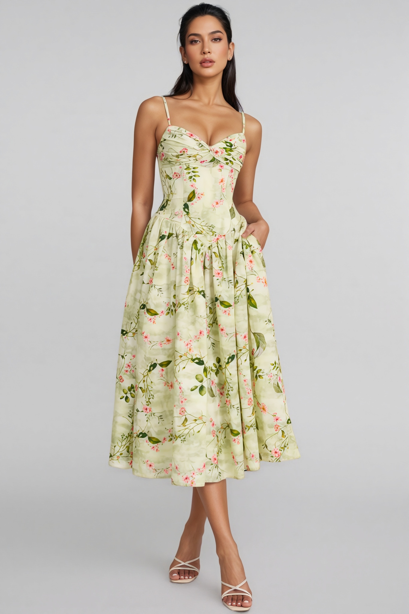Raleign Green Floral Print Ruched Midi Dress