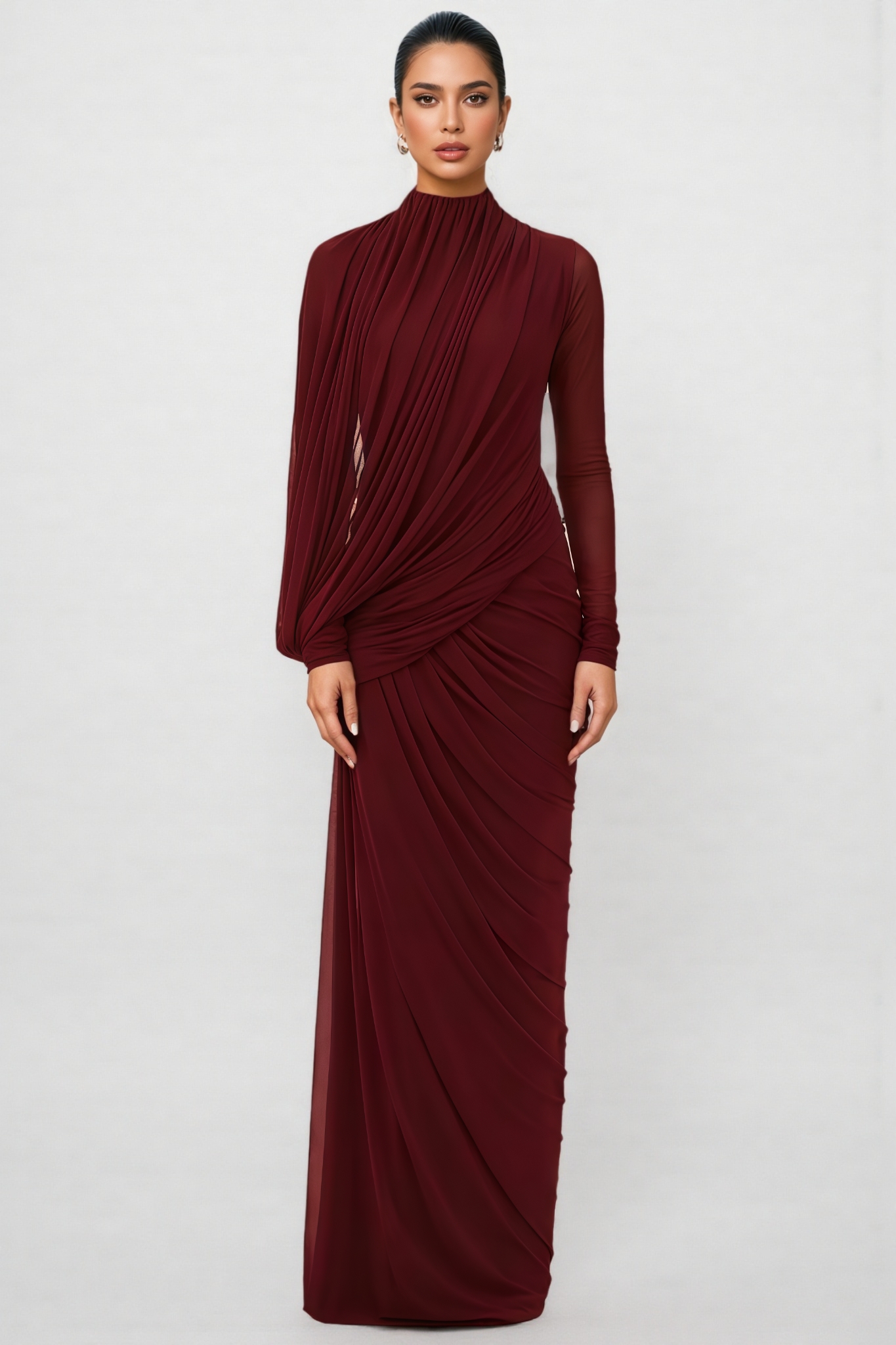 Garenrt Red High Neck Asymmetric Drape Maxi Dress