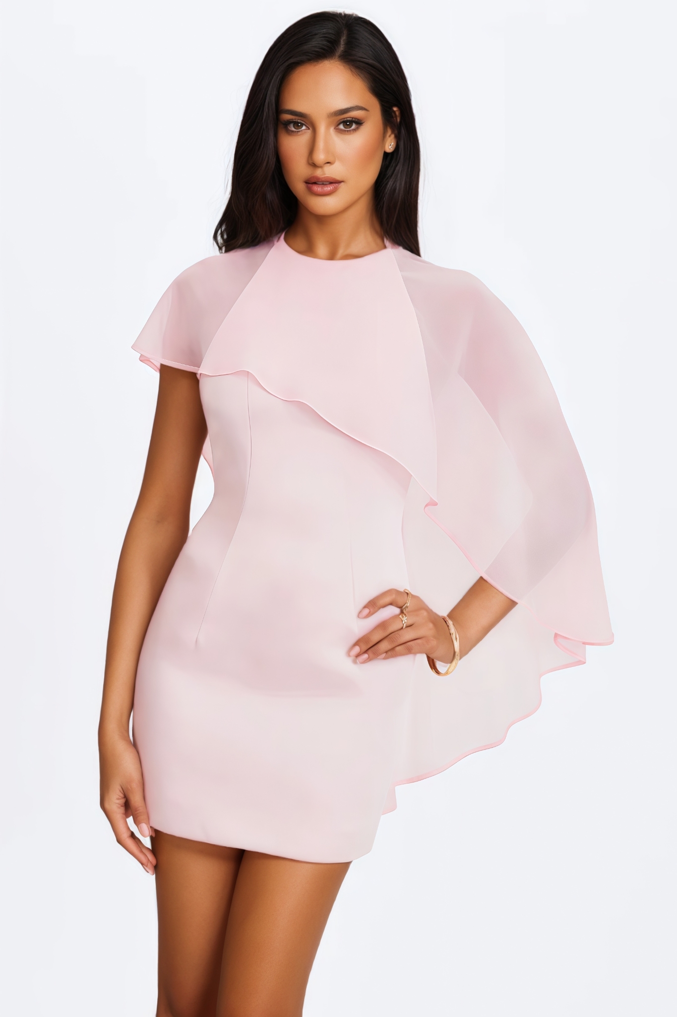 Slrany Pink Asymmetrical Cape Mini Dress