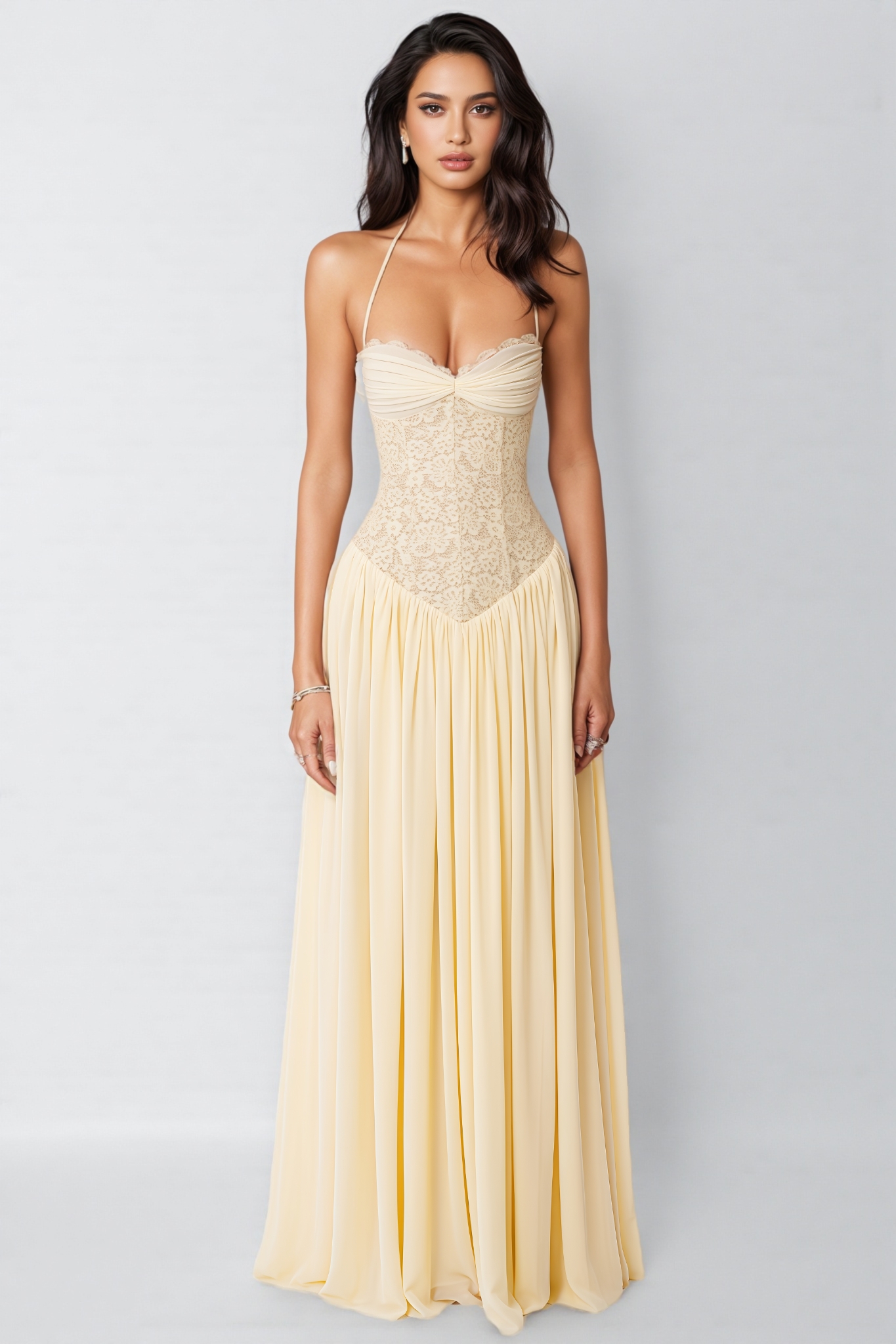 Medisan Yellow Halter Neck Lace Maxi Dress