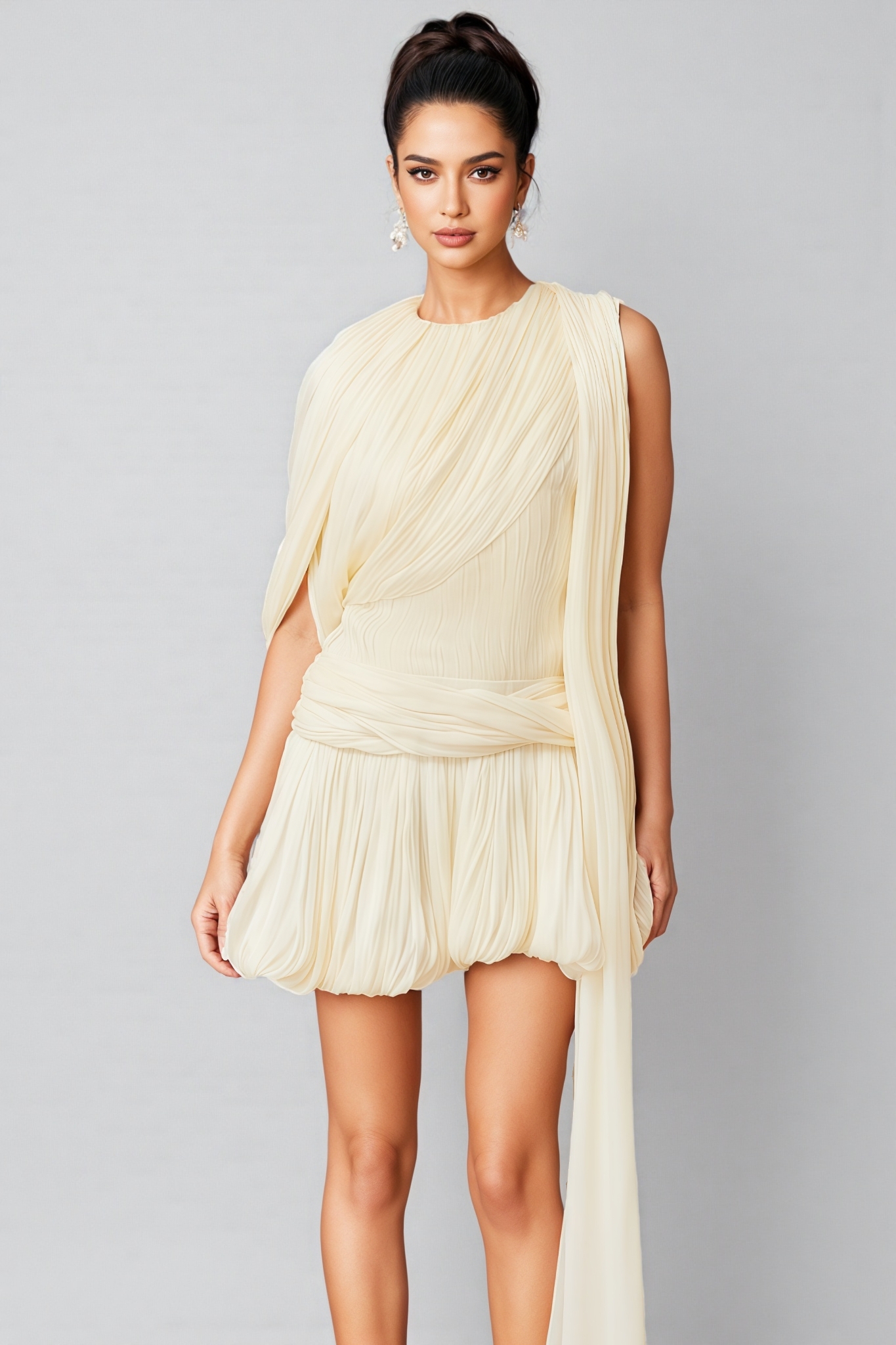 Brivam Pleated Round Neck Mini Dress
