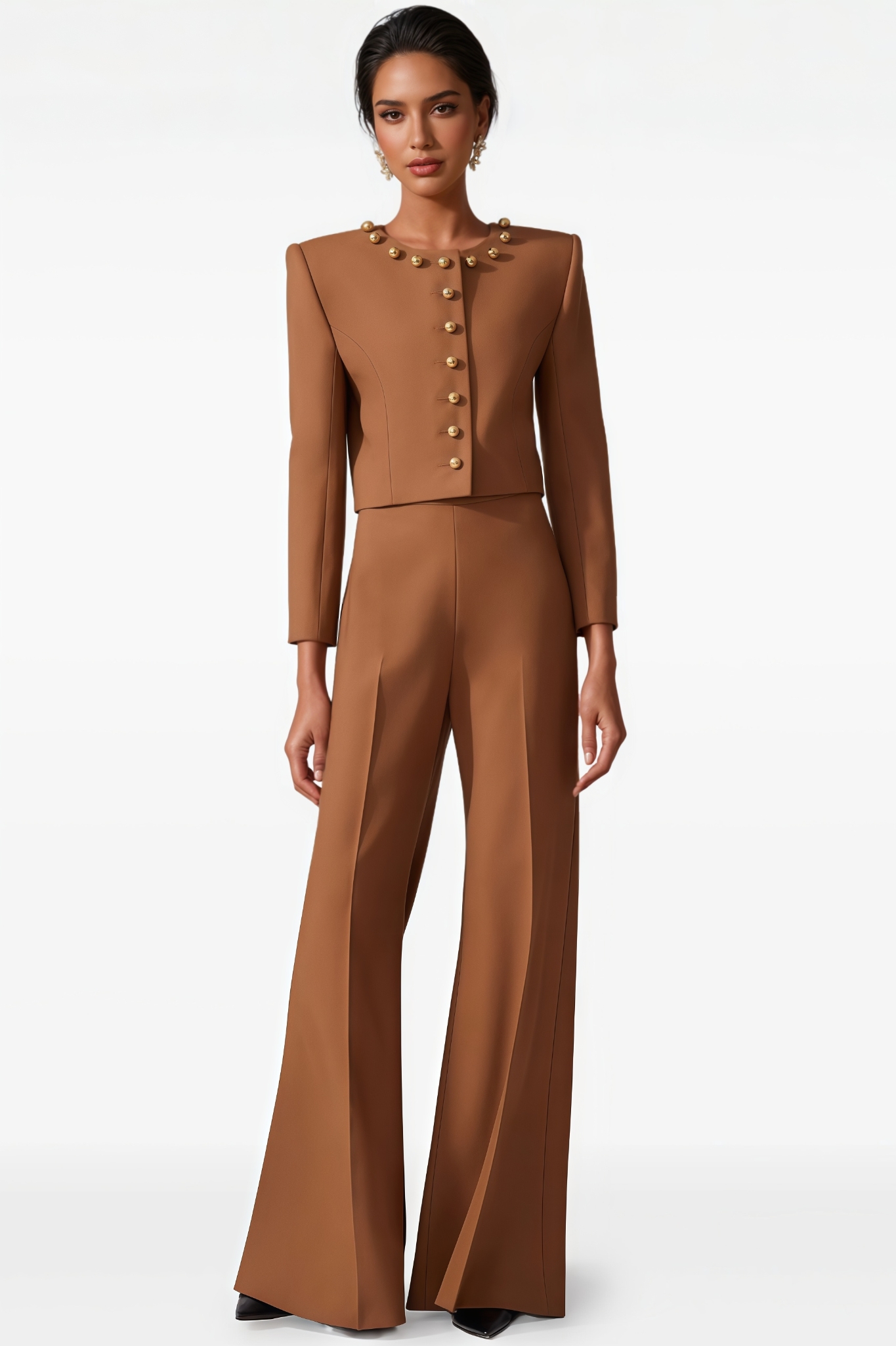 Basra Brown Crew Neck Jacket Trousers Matching Set