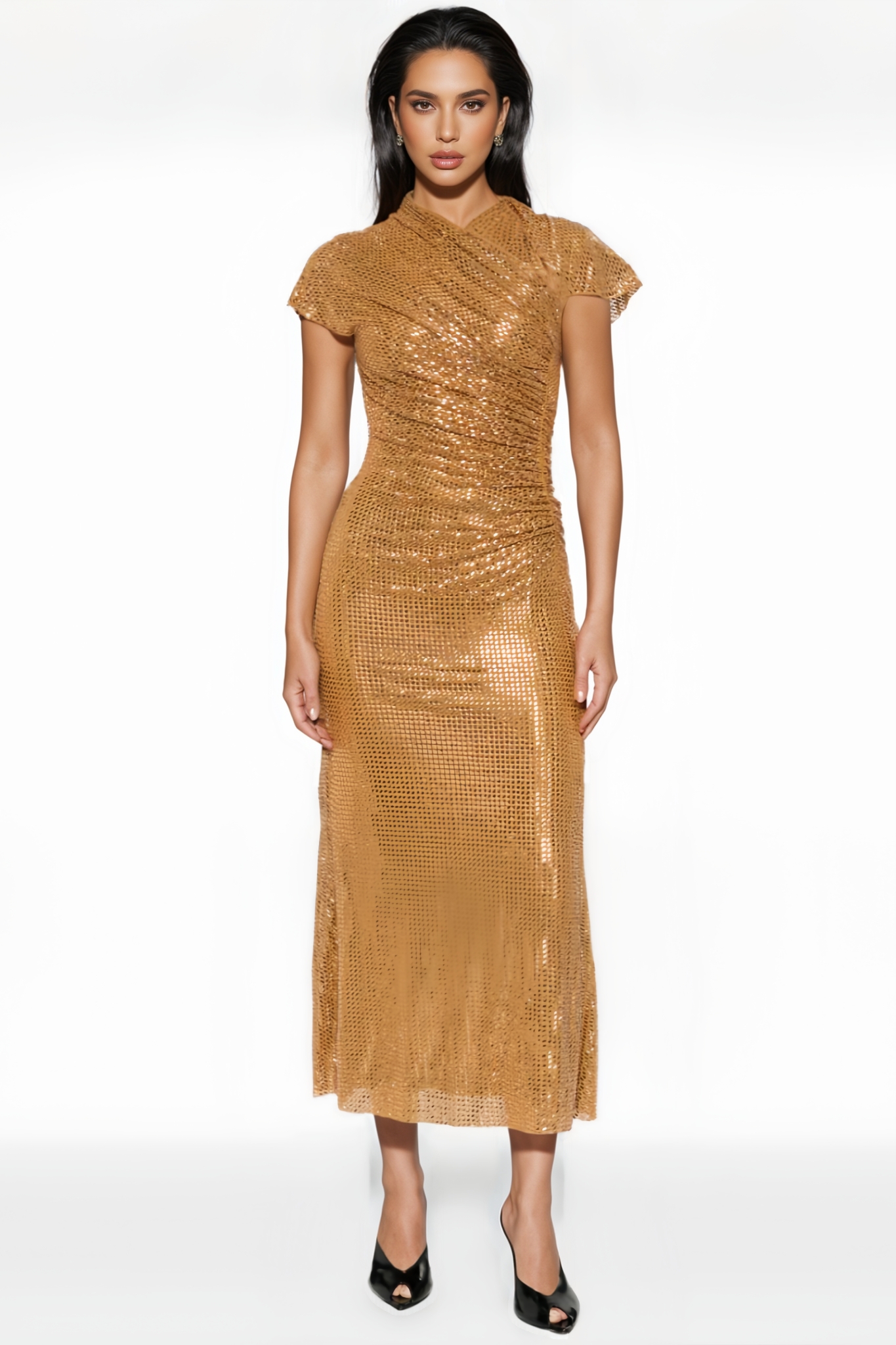 Durek Gold Rhinestone Short Sleeve Maxi Dress