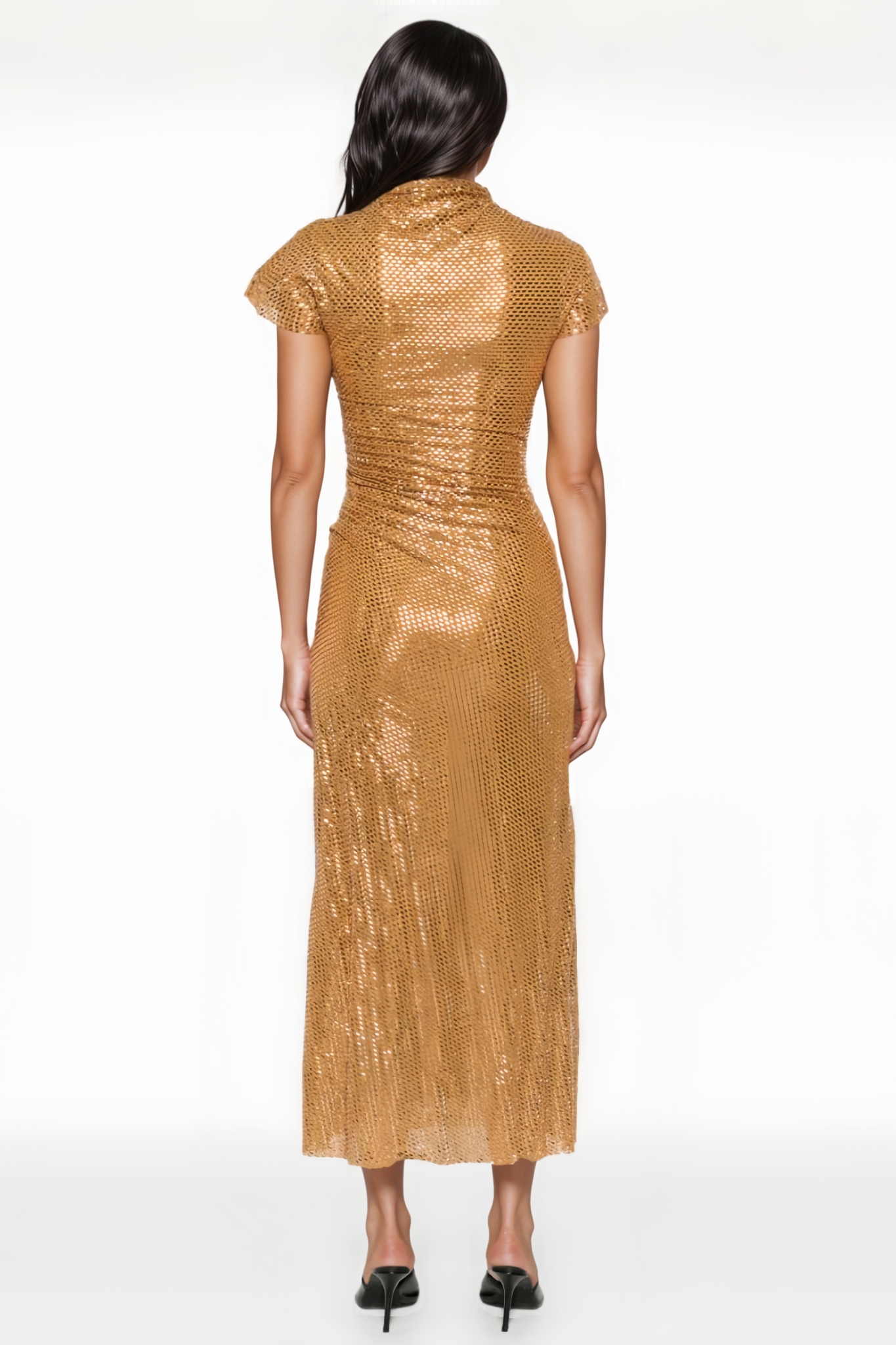 Durek Gold Rhinestone Short Sleeve Maxi Dress
