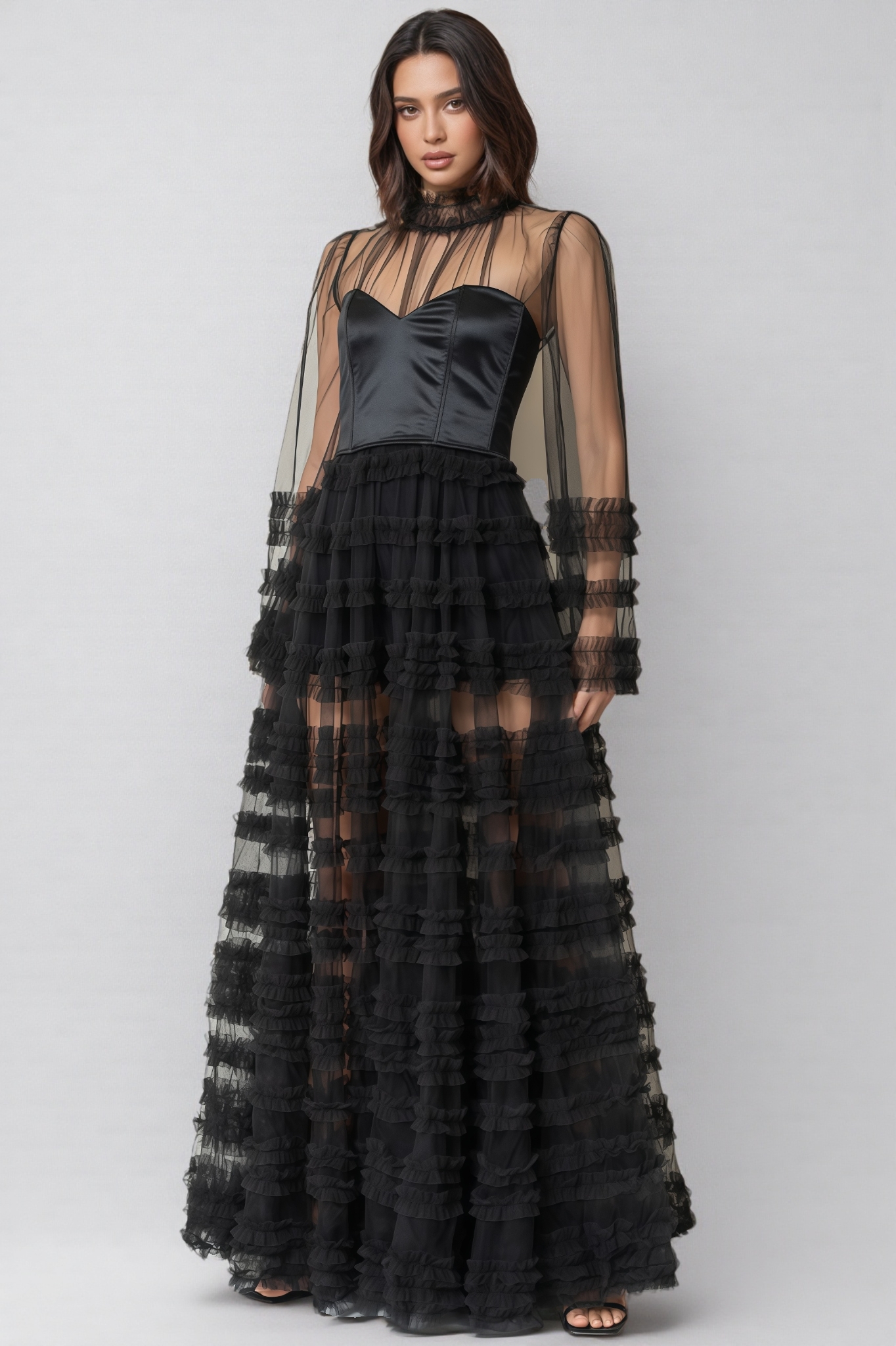 Thora Sheer Black Ruffled Maxi Dress