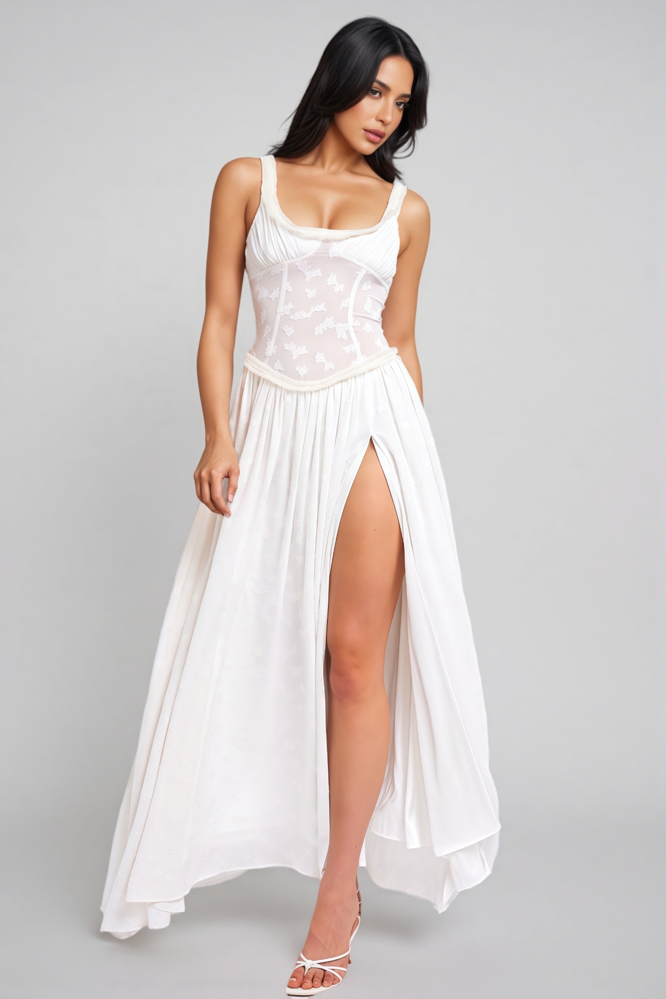 Zaire White Square Neck High Slit Maxi Dress