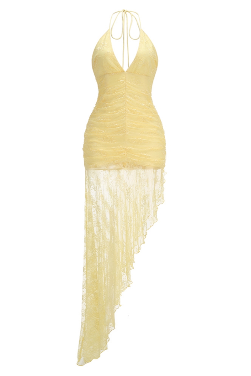 Mlive Yellow Halter Neck Lace Maxi Dress