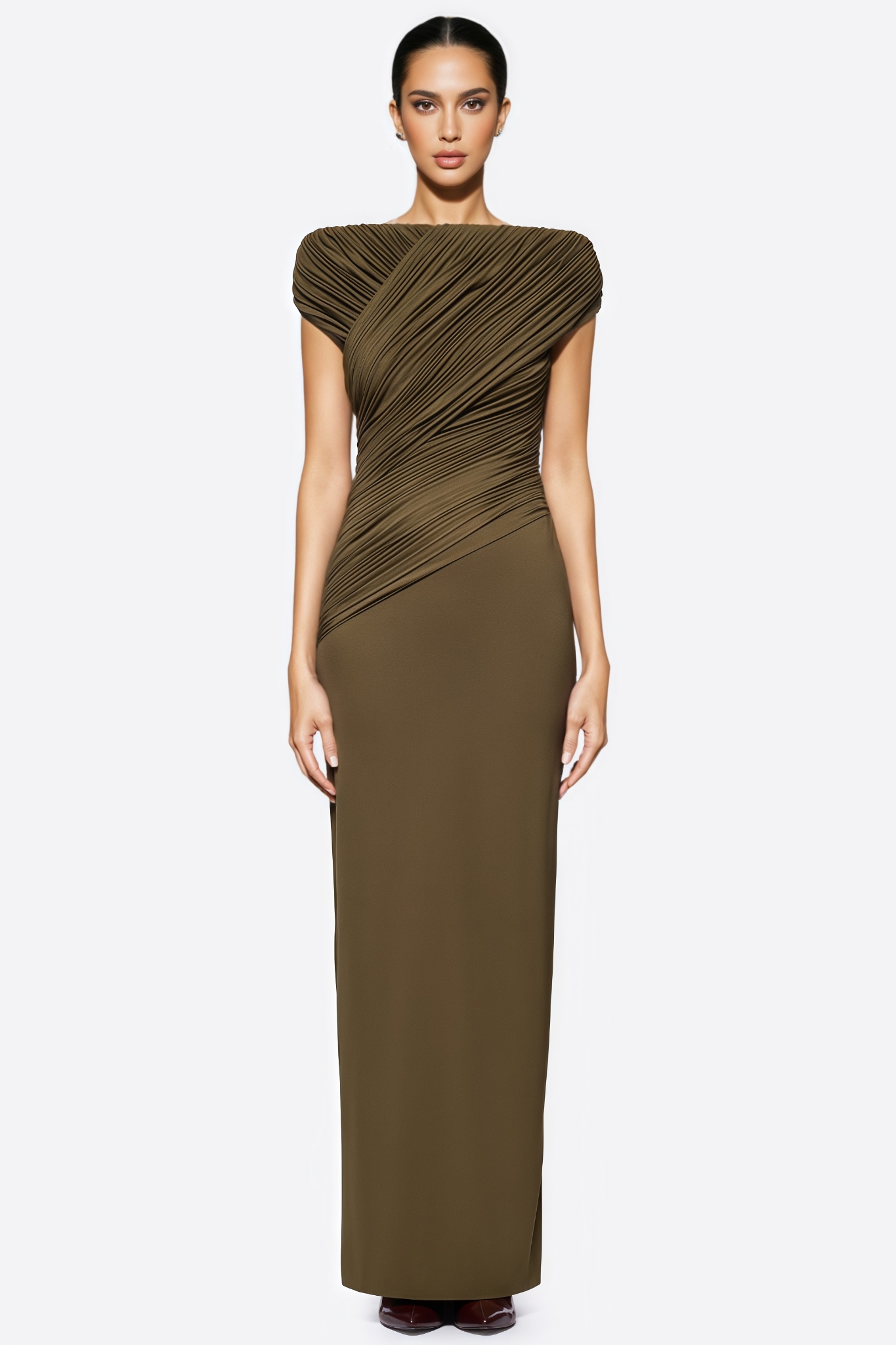 Jarlow Green Off The Shoulder Draped Maxi Dress
