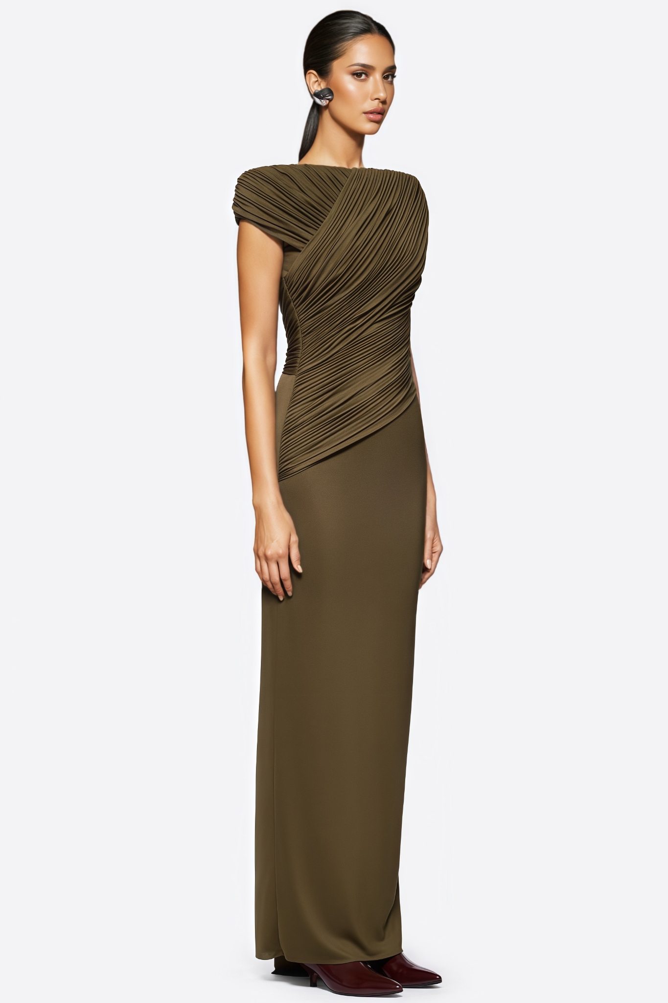 Jarlow Green Off The Shoulder Draped Maxi Dress
