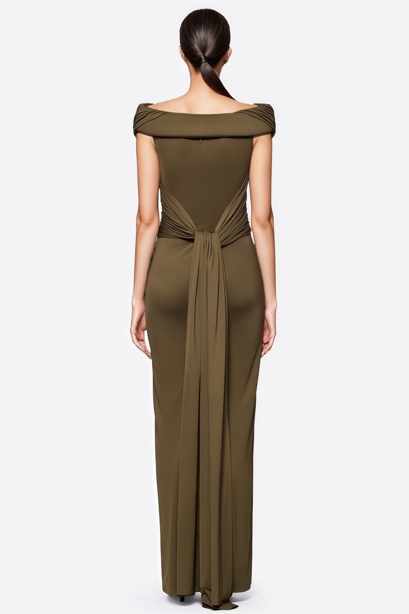 Jarlow Green Off The Shoulder Draped Maxi Dress