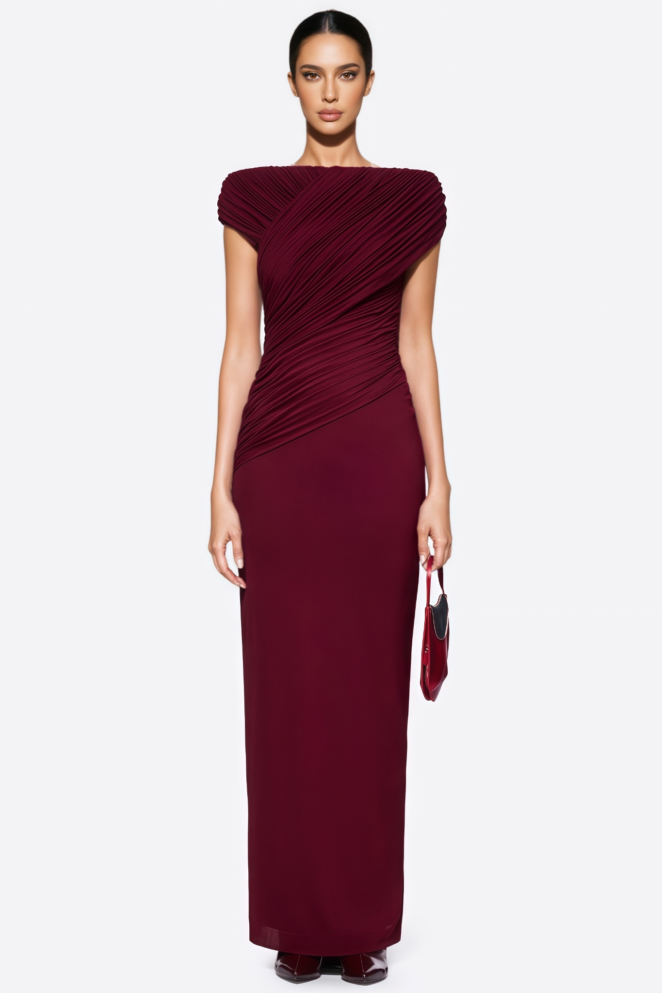 Mernia Red Off The Shoulder Draped Maxi Dress