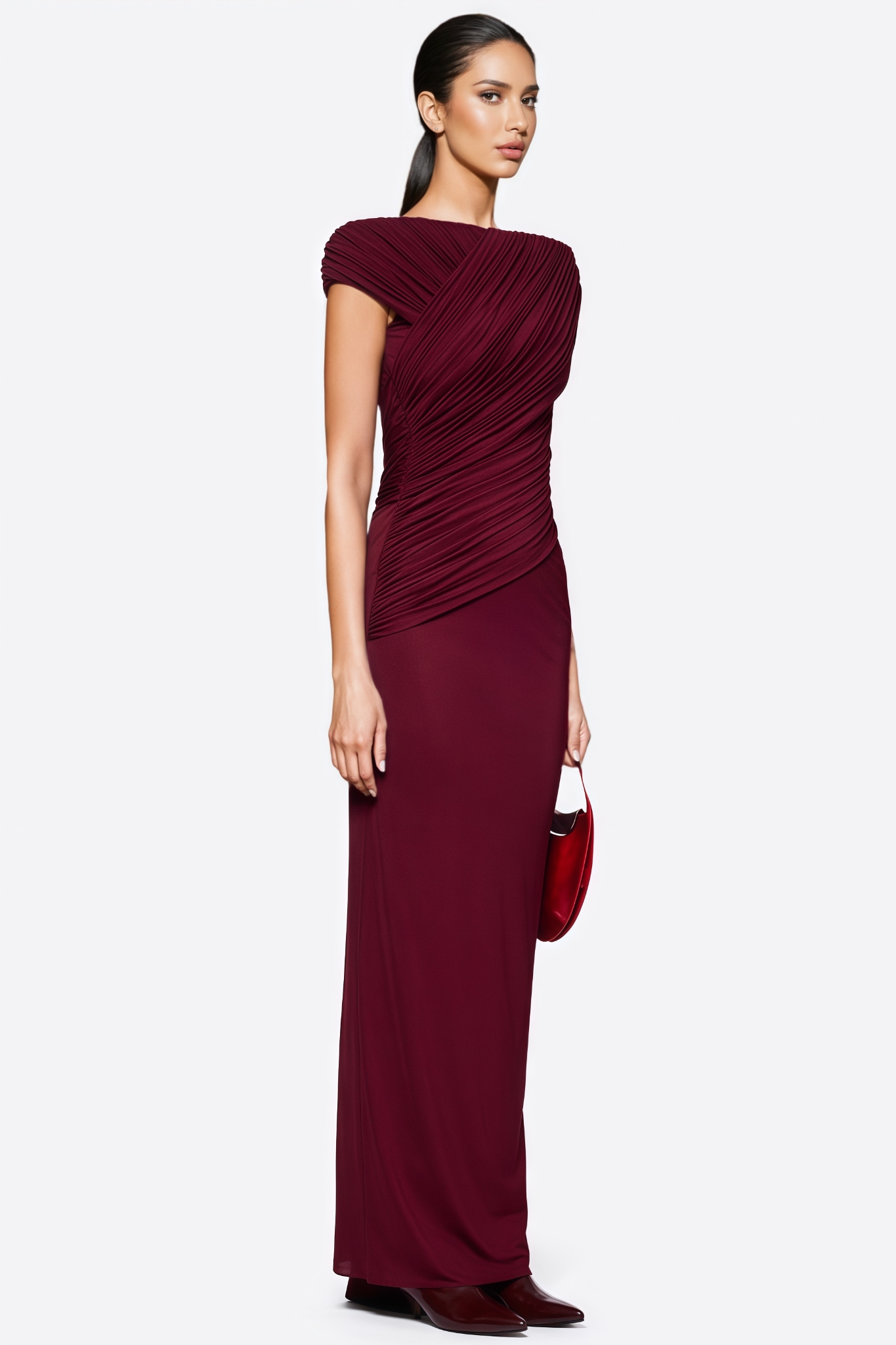 Mernia Red Off The Shoulder Draped Maxi Dress