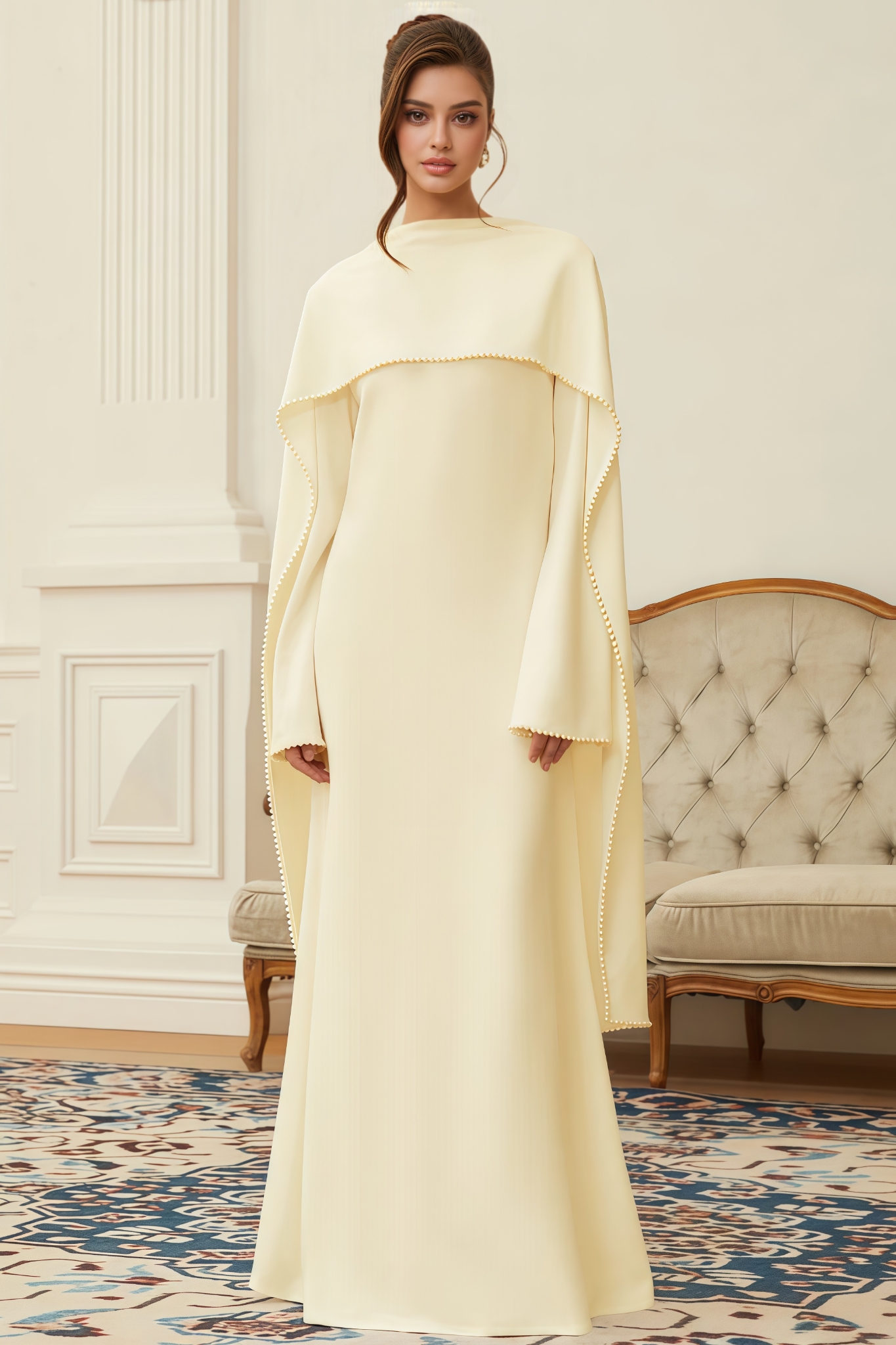 Faran Yellow Pearl Trim Shawl Detail Maxi Dress