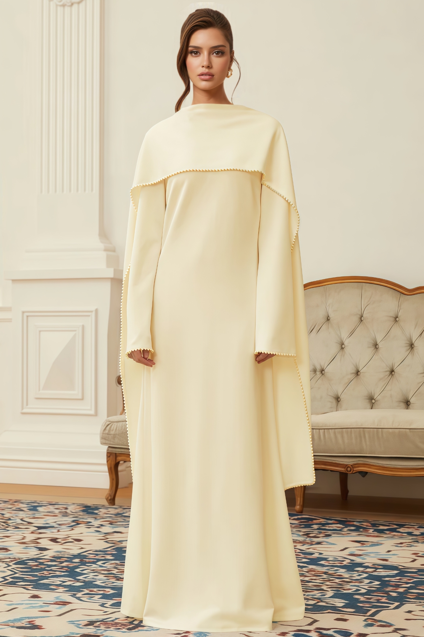 Faran Yellow Pearl Trim Shawl Detail Maxi Dress