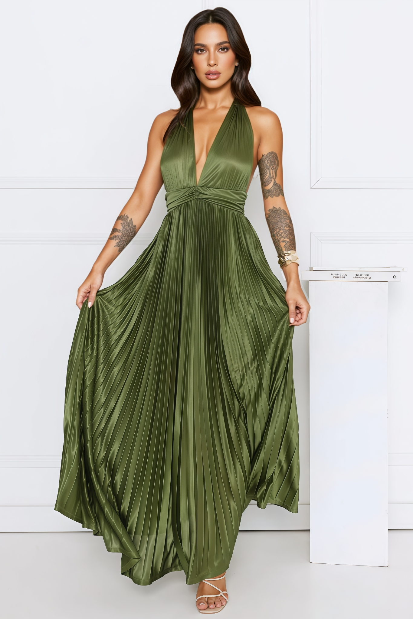 Iavly Green Pleated Halter Maxi Dress