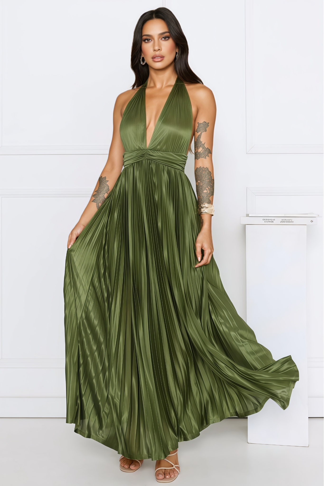 Iavly Green Pleated Halter Maxi Dress