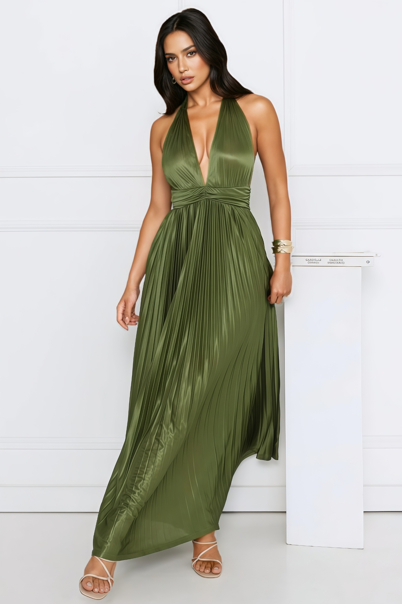 Iavly Green Pleated Halter Maxi Dress