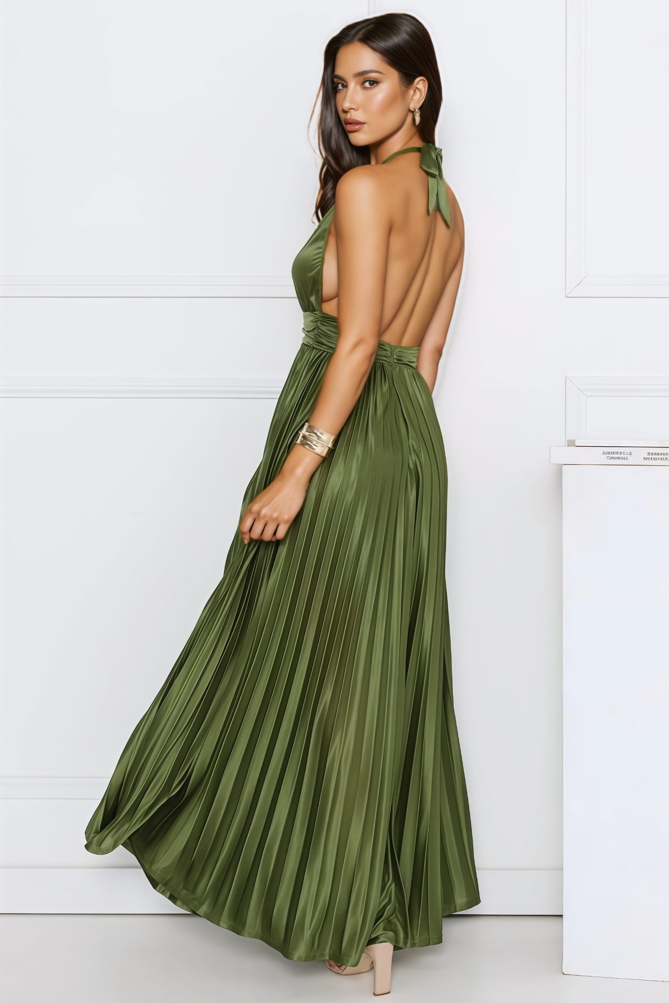 Iavly Green Pleated Halter Maxi Dress