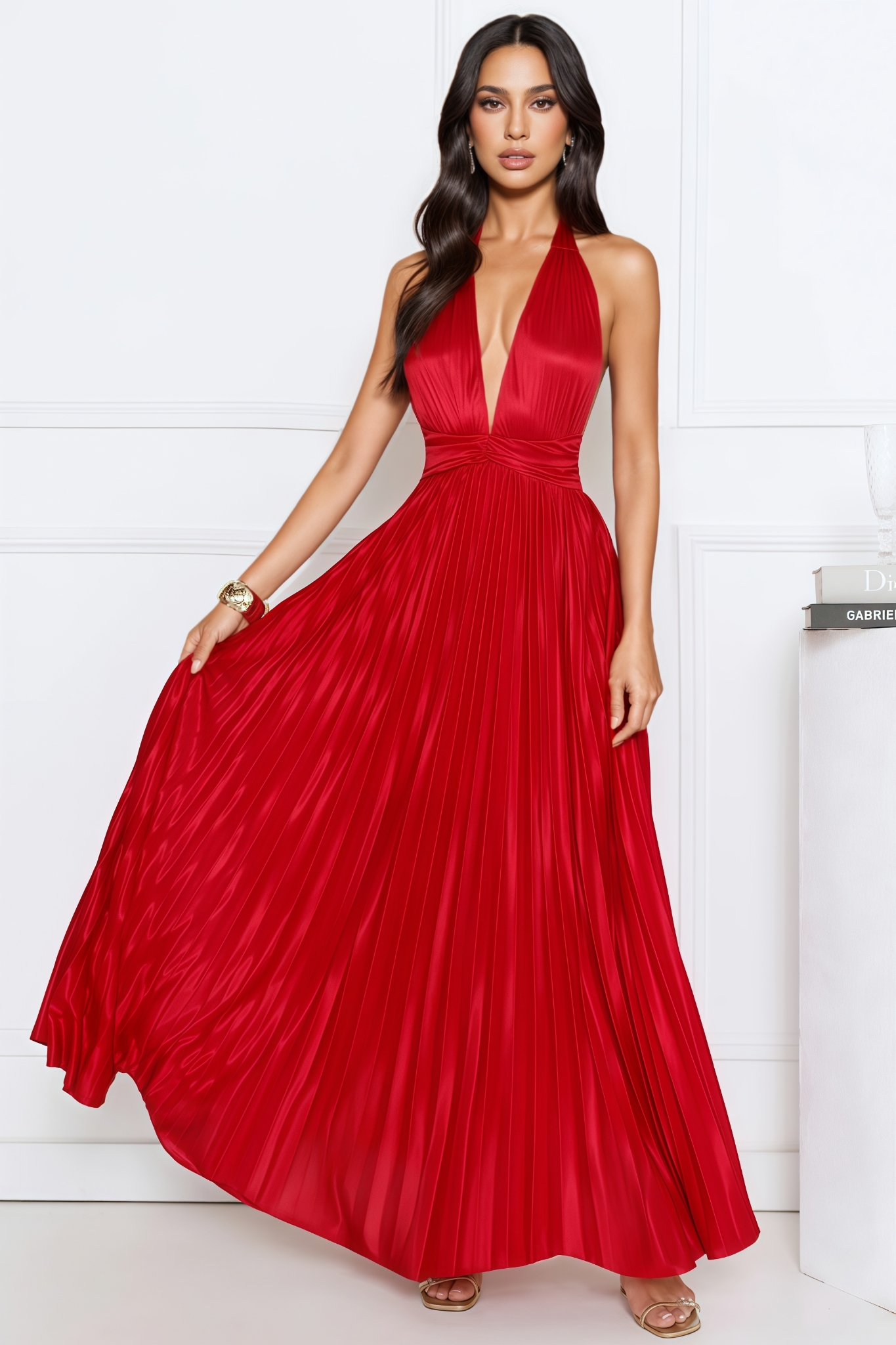 Nichalse Red Pleated Halter Maxi Dress