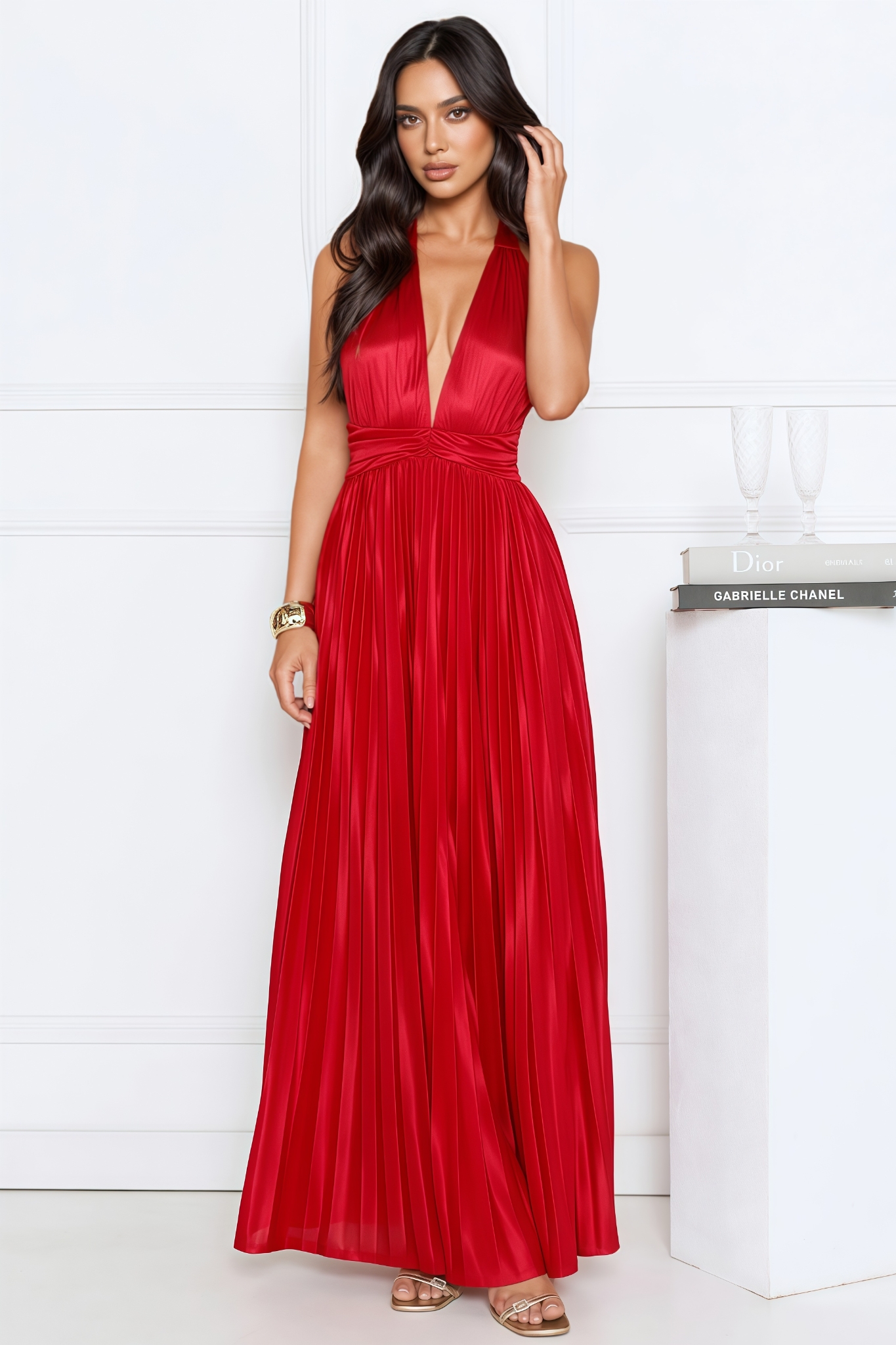 Nichalse Red Pleated Halter Maxi Dress